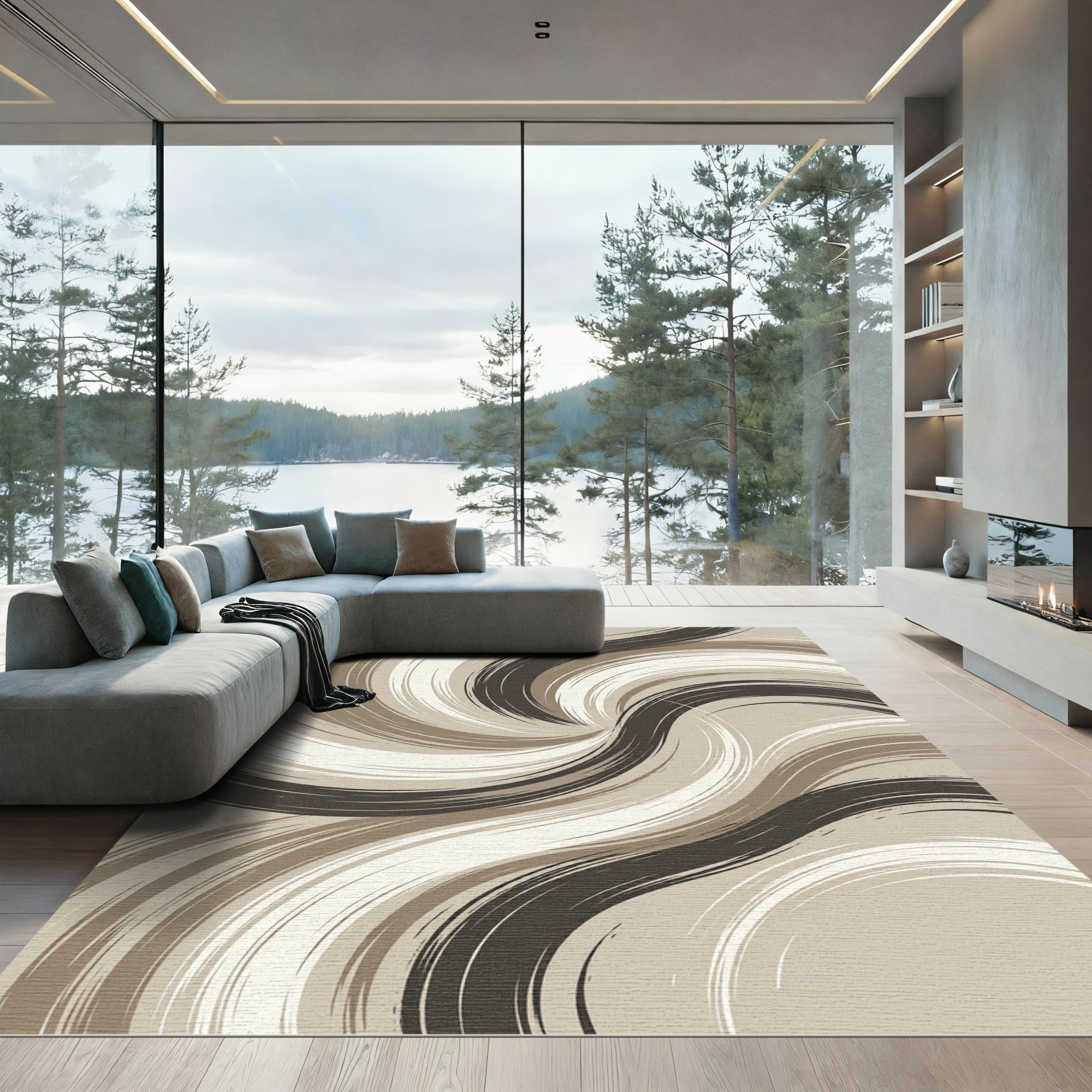 Neutral Earth Tones Swirl Abstract Rug