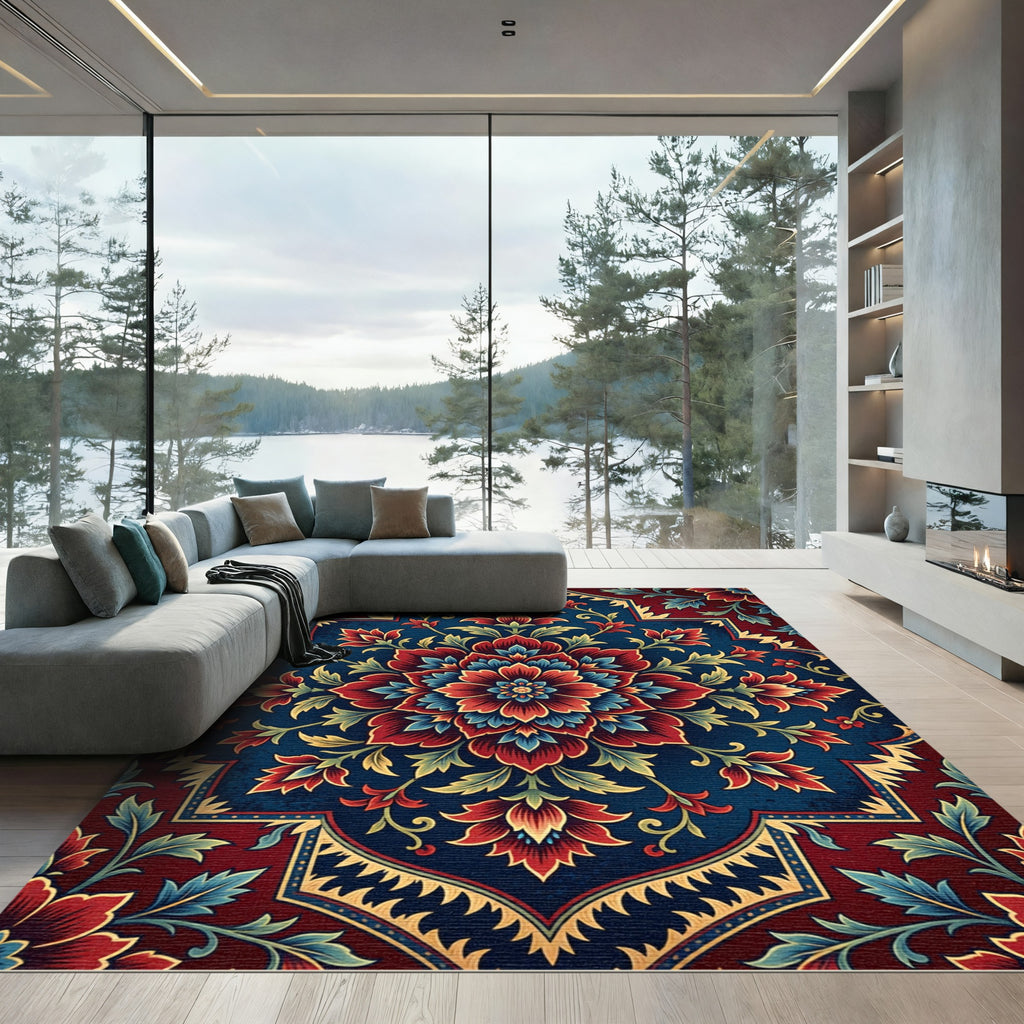 Deep Crimson Blue Floral Medallion Rug