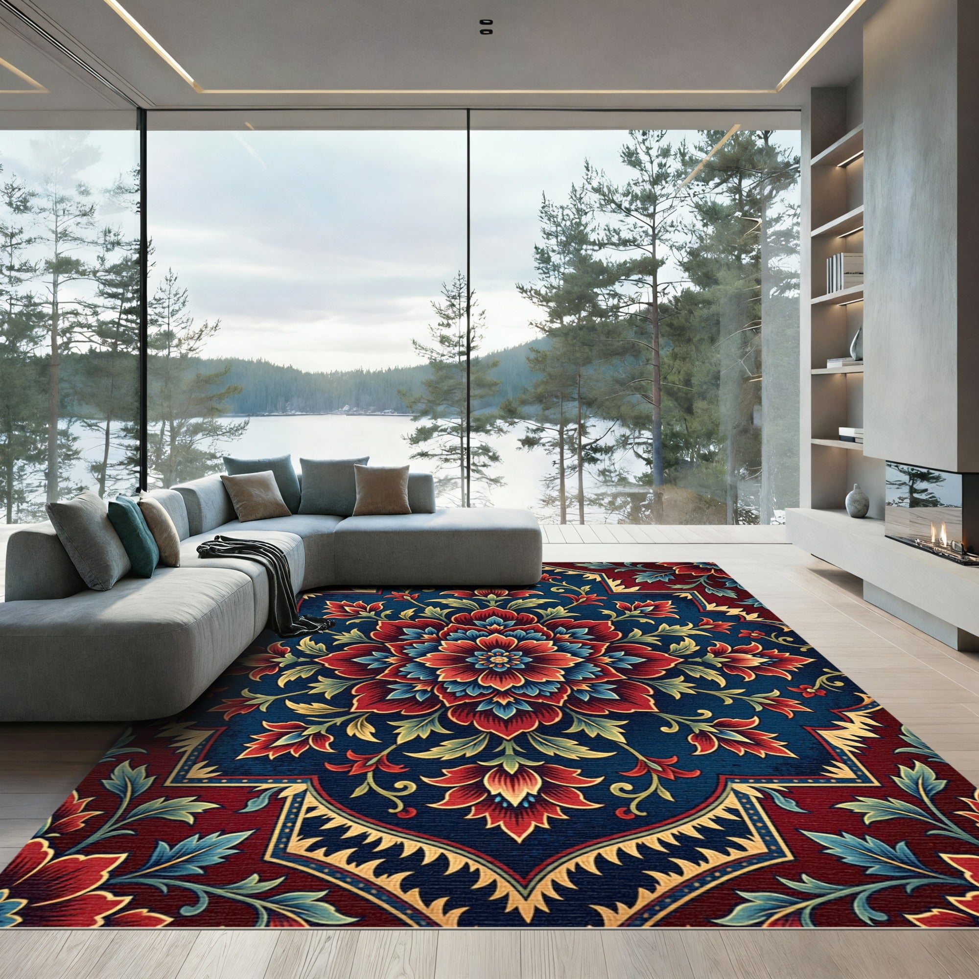 Deep Crimson Blue Floral Medallion Rug