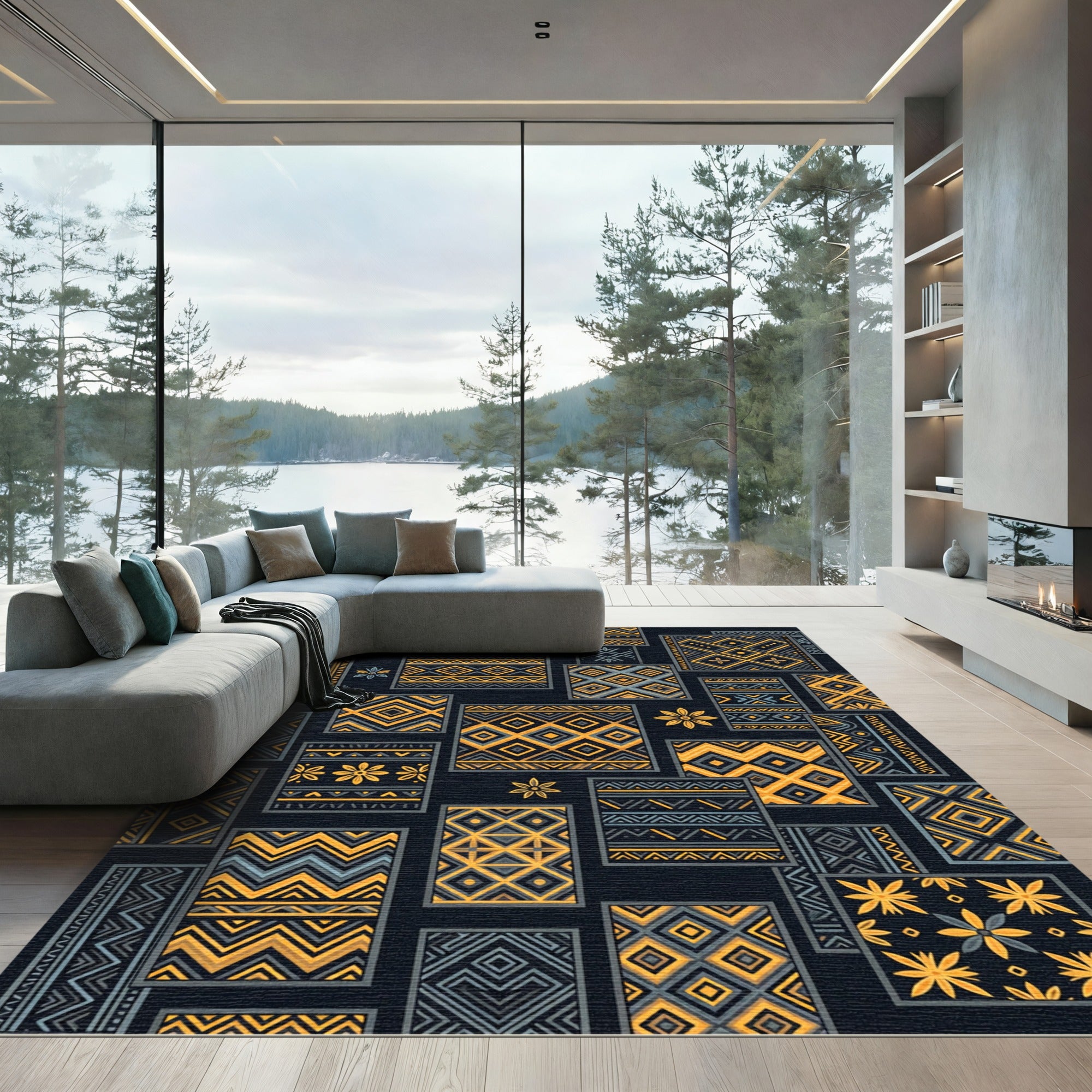 Yellow Gray Geometric Tribal Collage Rug