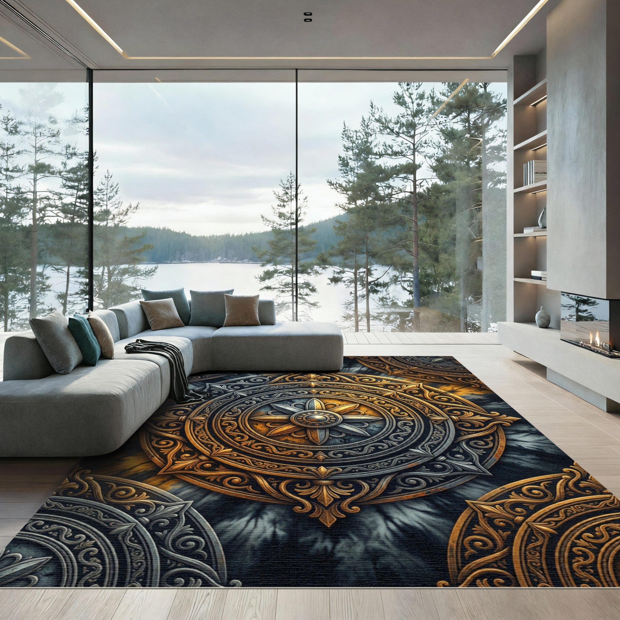 Ornate Gold and Silver Mandala Rug