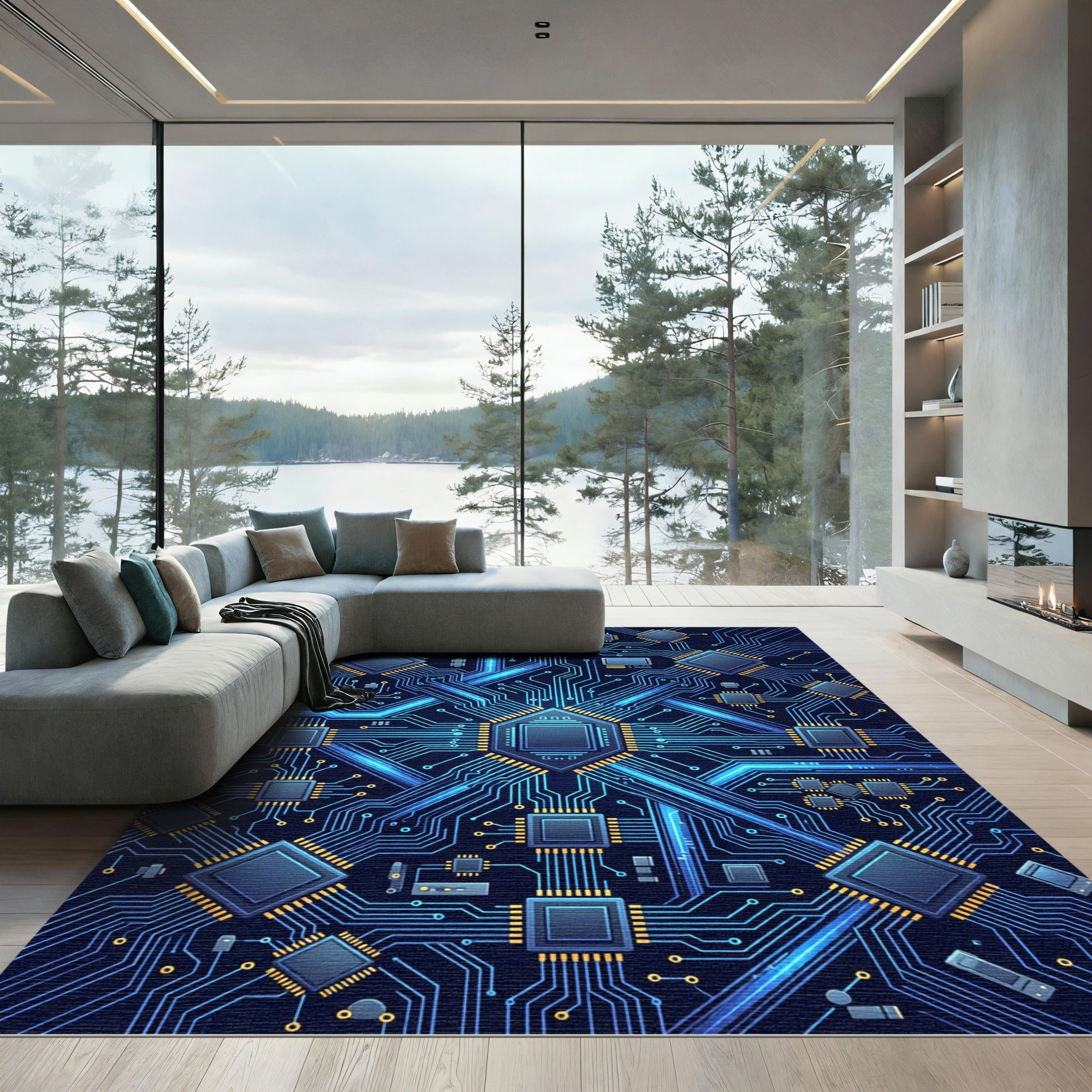 Electric Blue Neon Circuit Board Grid Rug