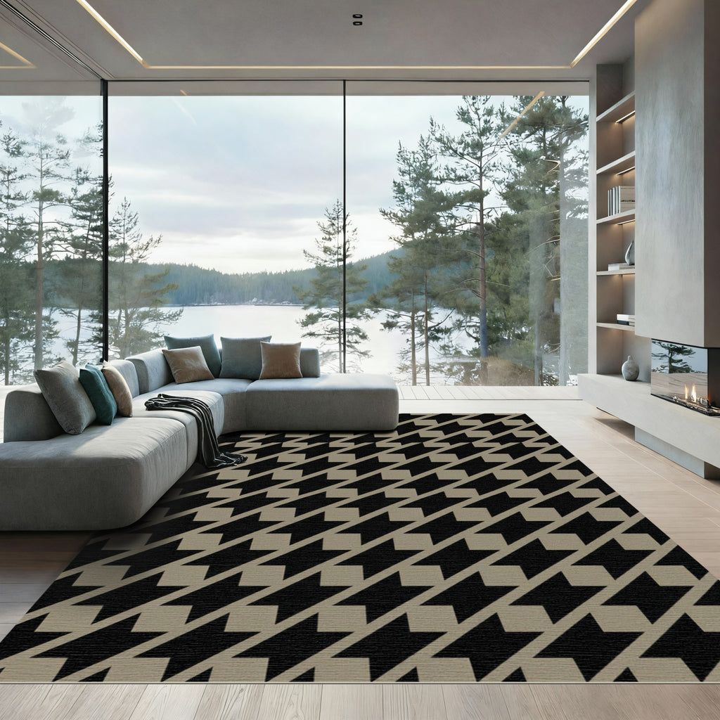 Black Taupe Diagonal Houndstooth Pattern Rug