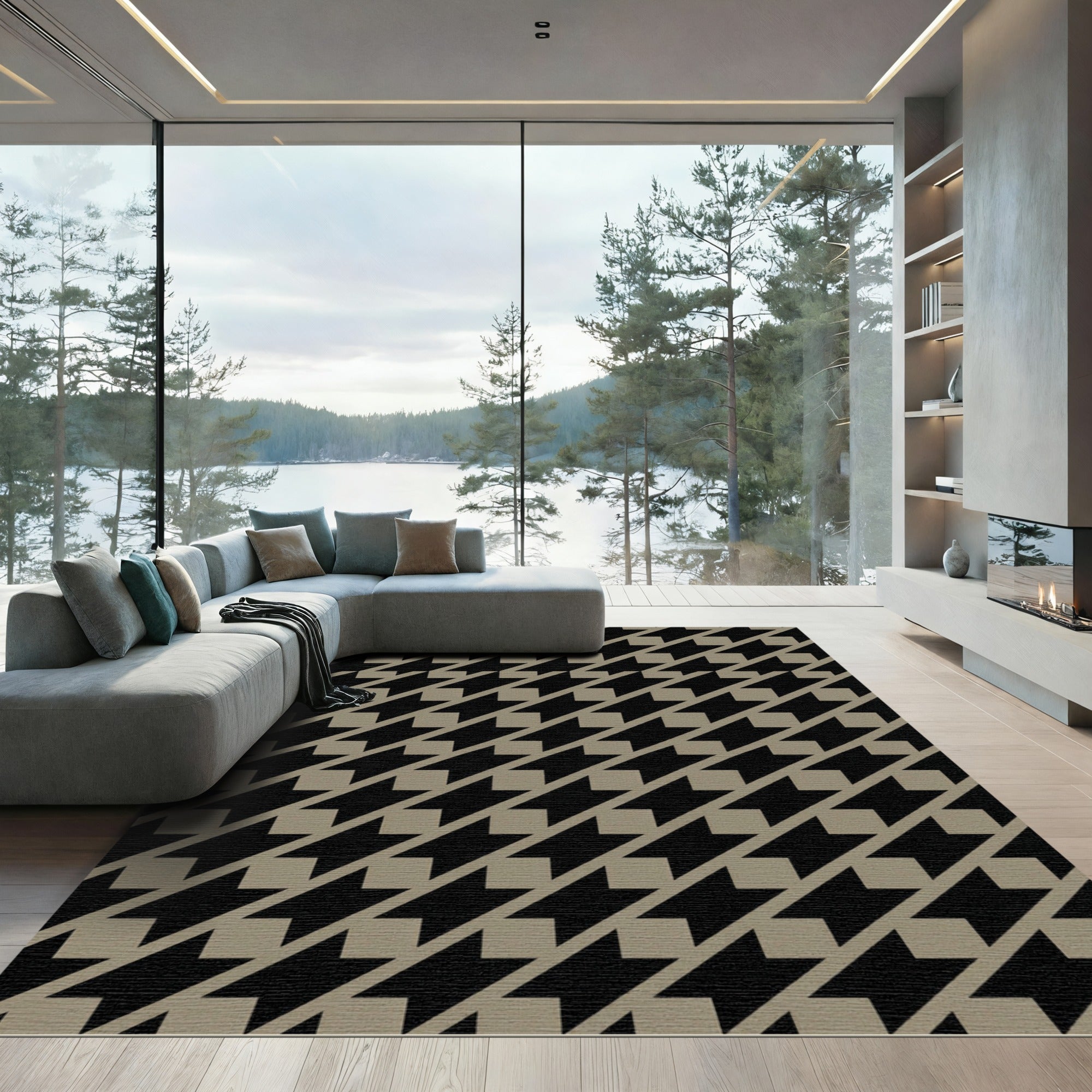 Black Taupe Diagonal Houndstooth Pattern Rug