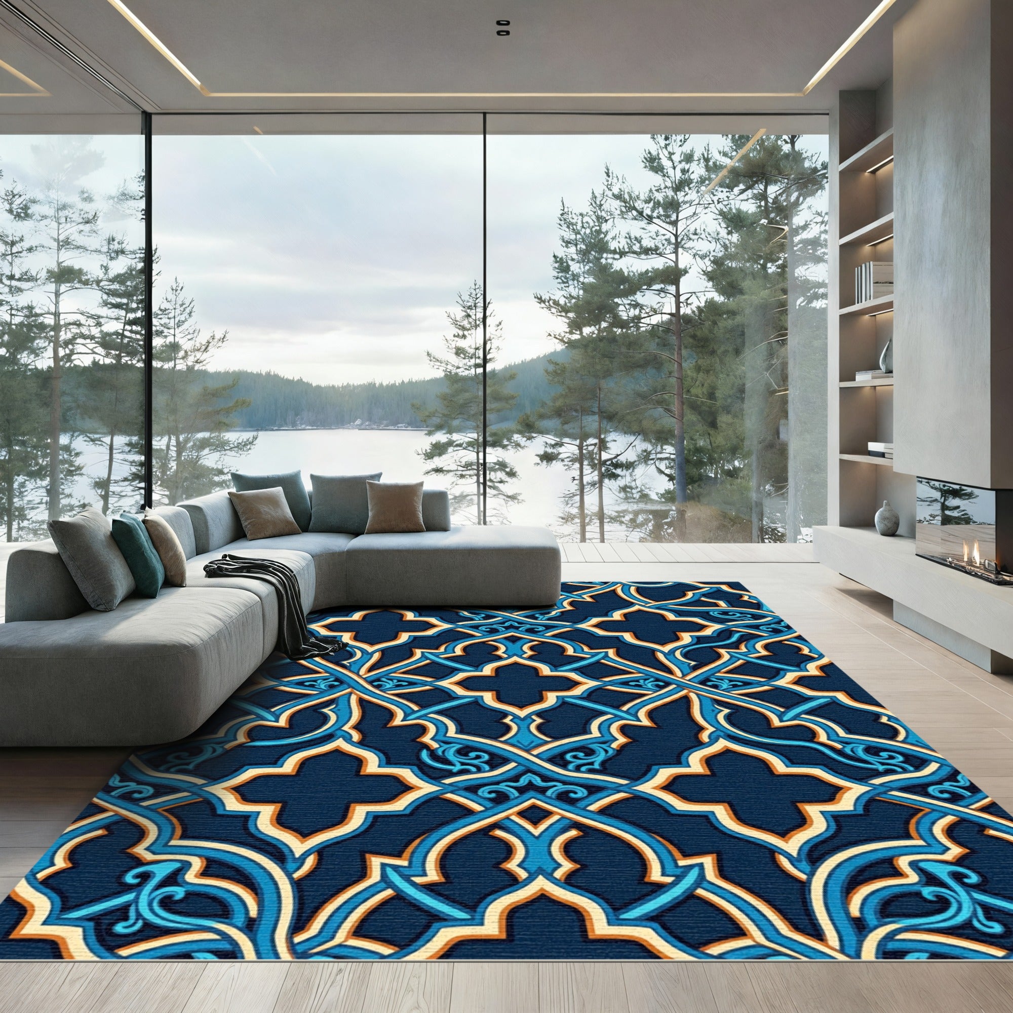 Ornate Midnight Blue Gold Geometric Lattice Rug