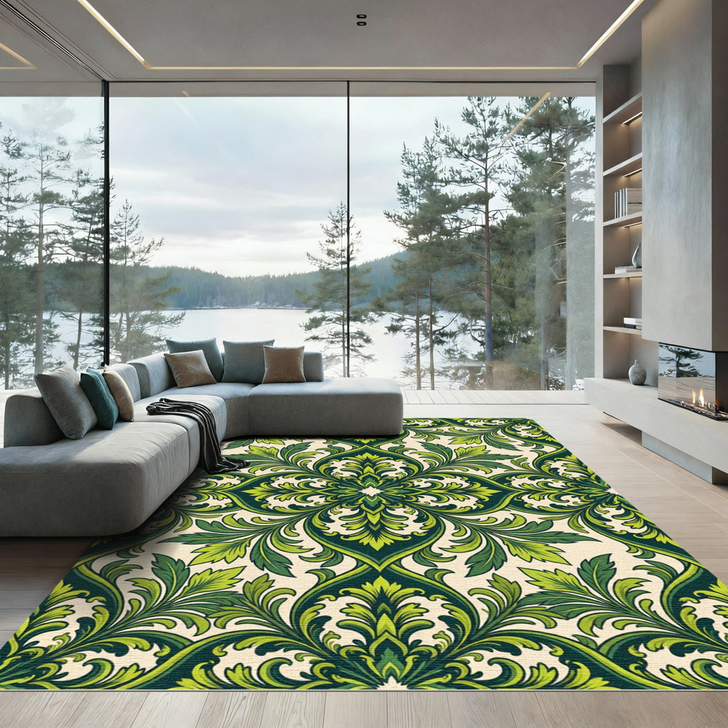 Emerald Botanical Leaf Scroll Damask Rug
