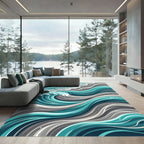 Teal And Gray Wavy Ocean Rug