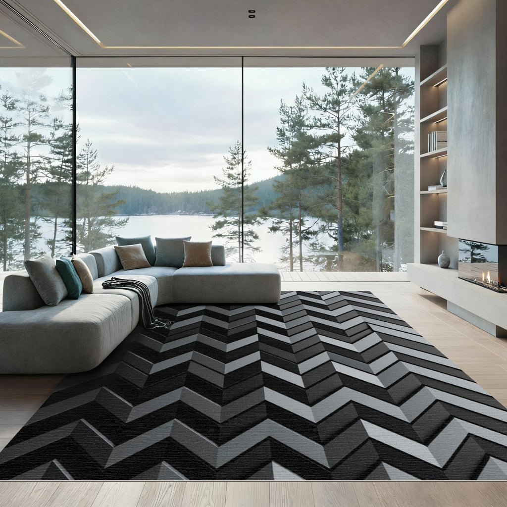 Charcoal Gray Chevron Geometric Ribbed Rug