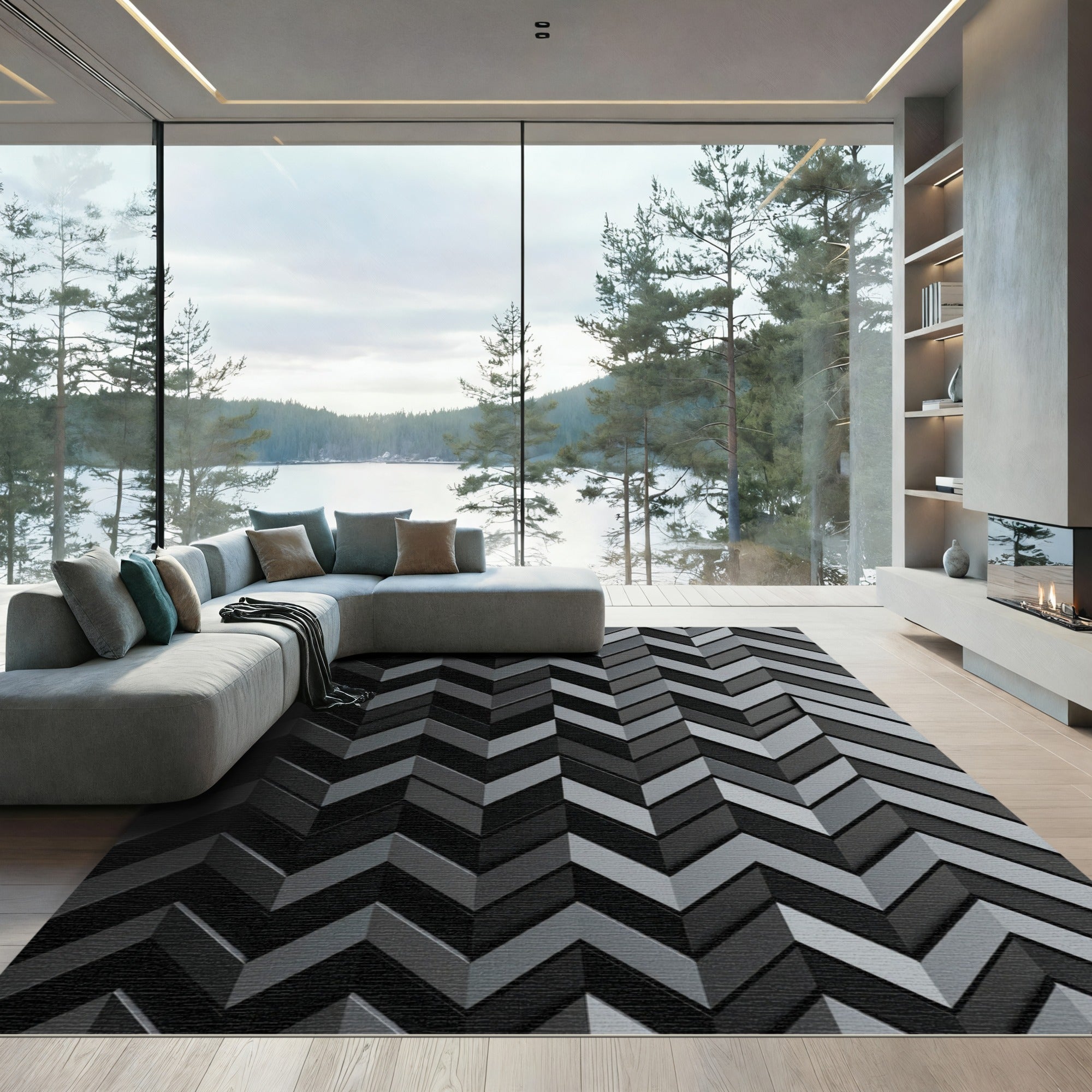 Charcoal Gray Chevron Geometric Ribbed Rug