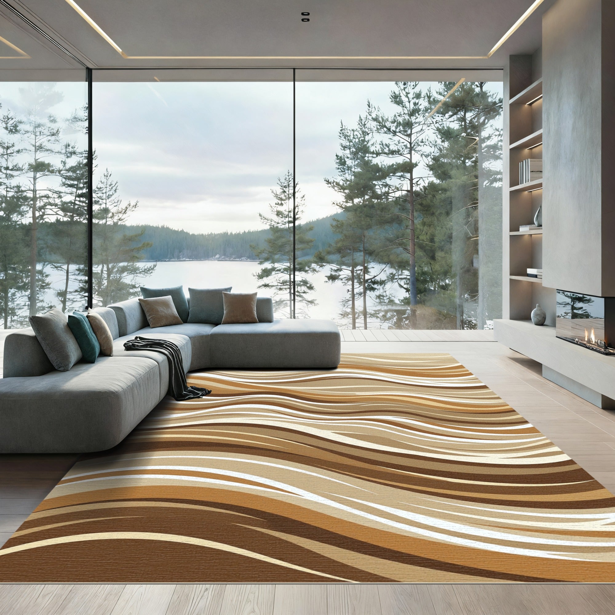 Brown Ochre Flowing Waves Rug