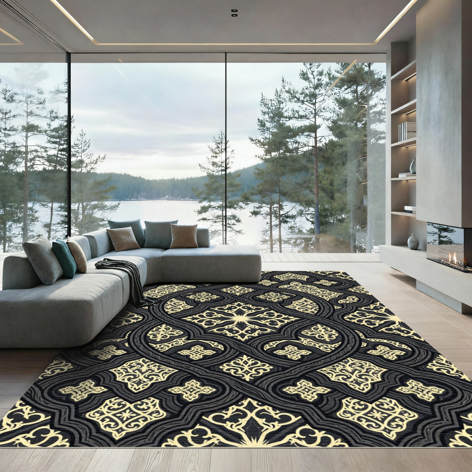 Ochre Black Arabesque Lattice Rug