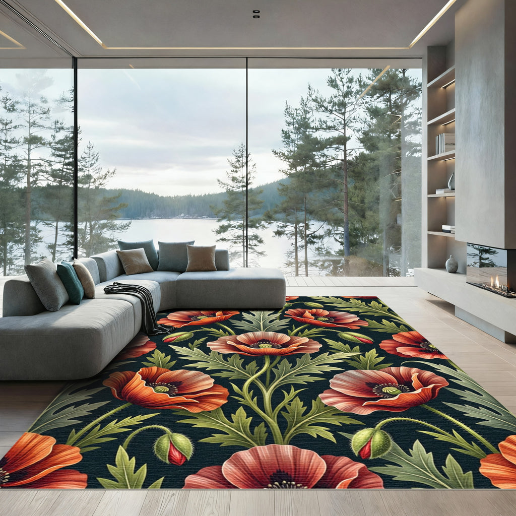 Elegant Botanical Poppy Midnight Field Rug