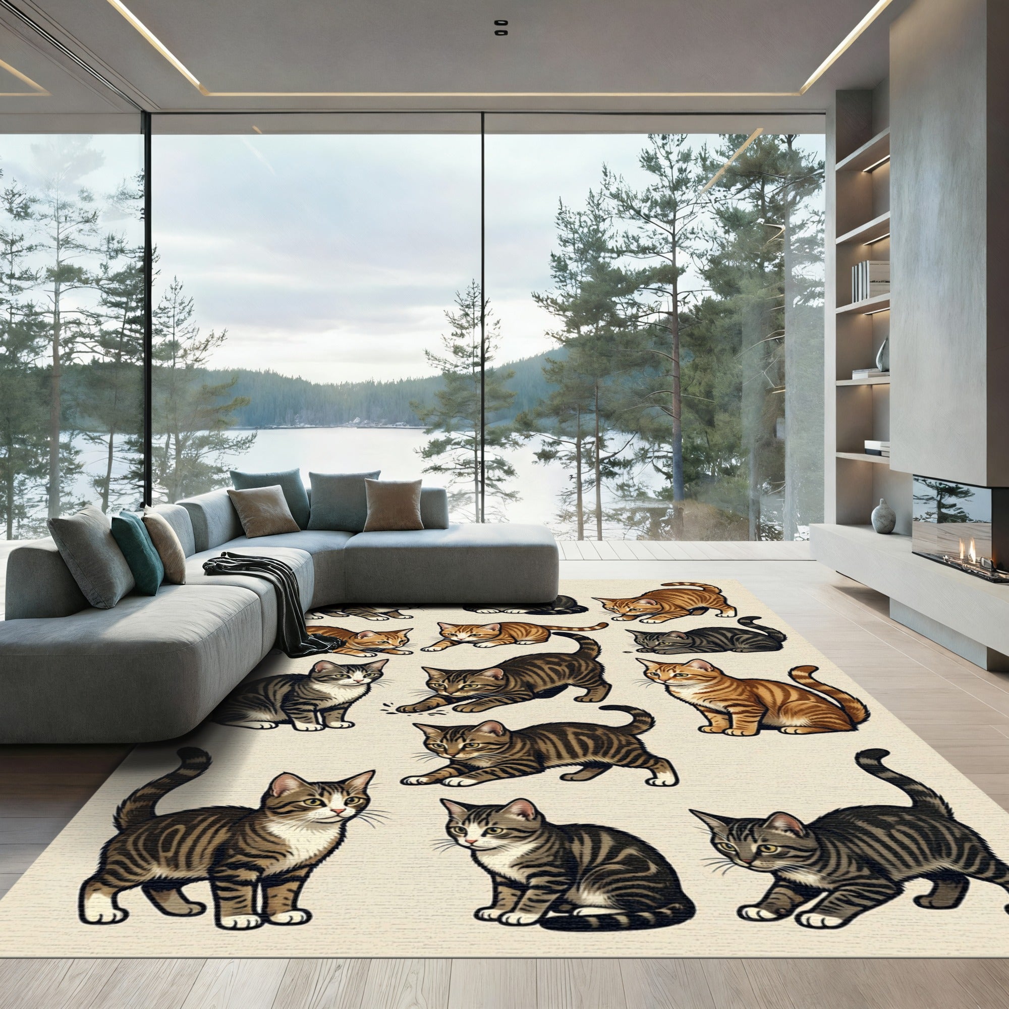 Playful Tabby Cat Illustration Collection Rug