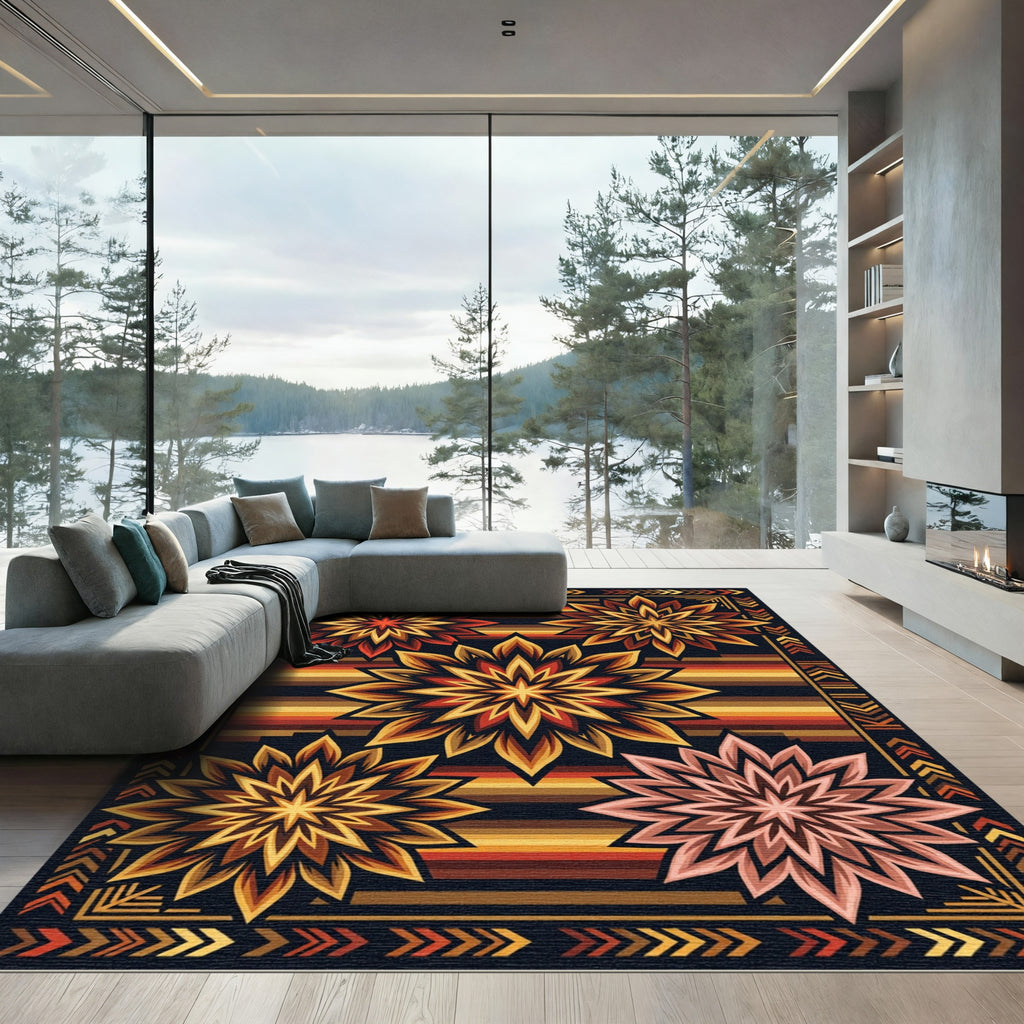 Warm Earthy Sunburst Geometric Medallion Rug