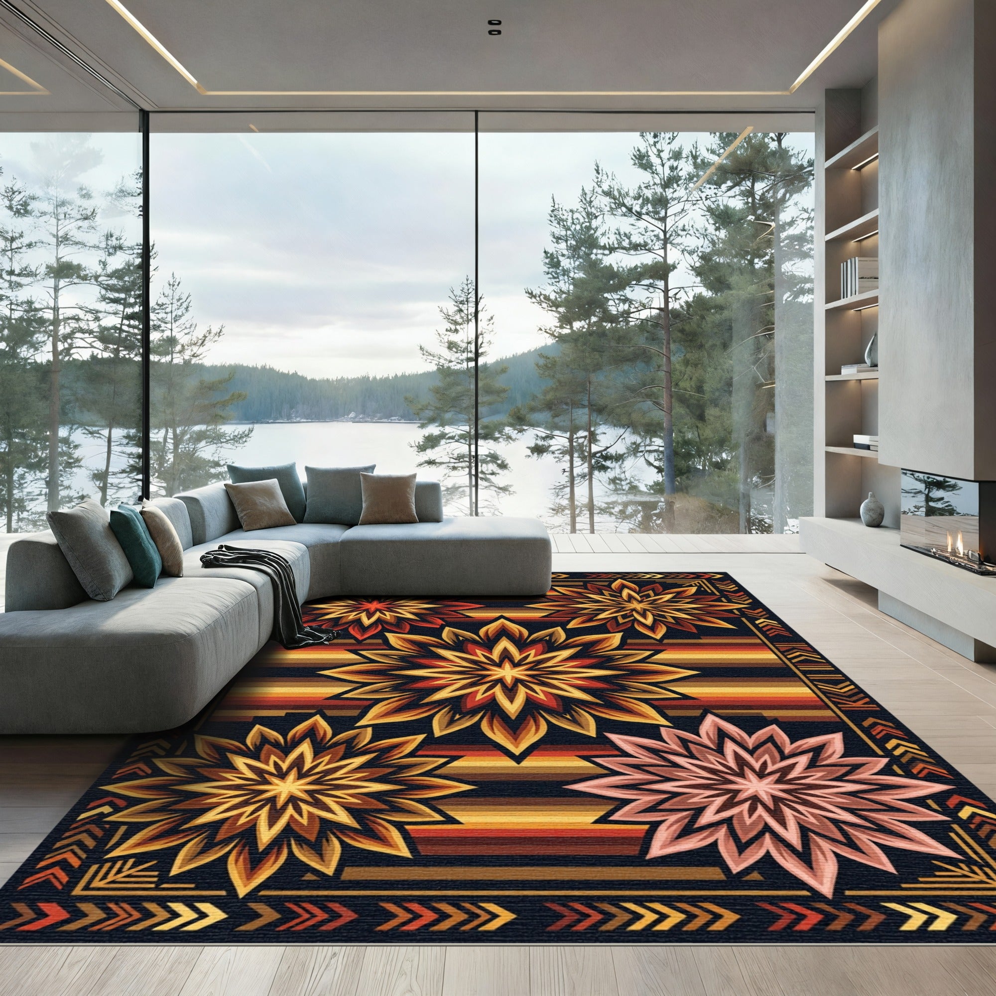 Warm Earthy Sunburst Geometric Medallion Rug