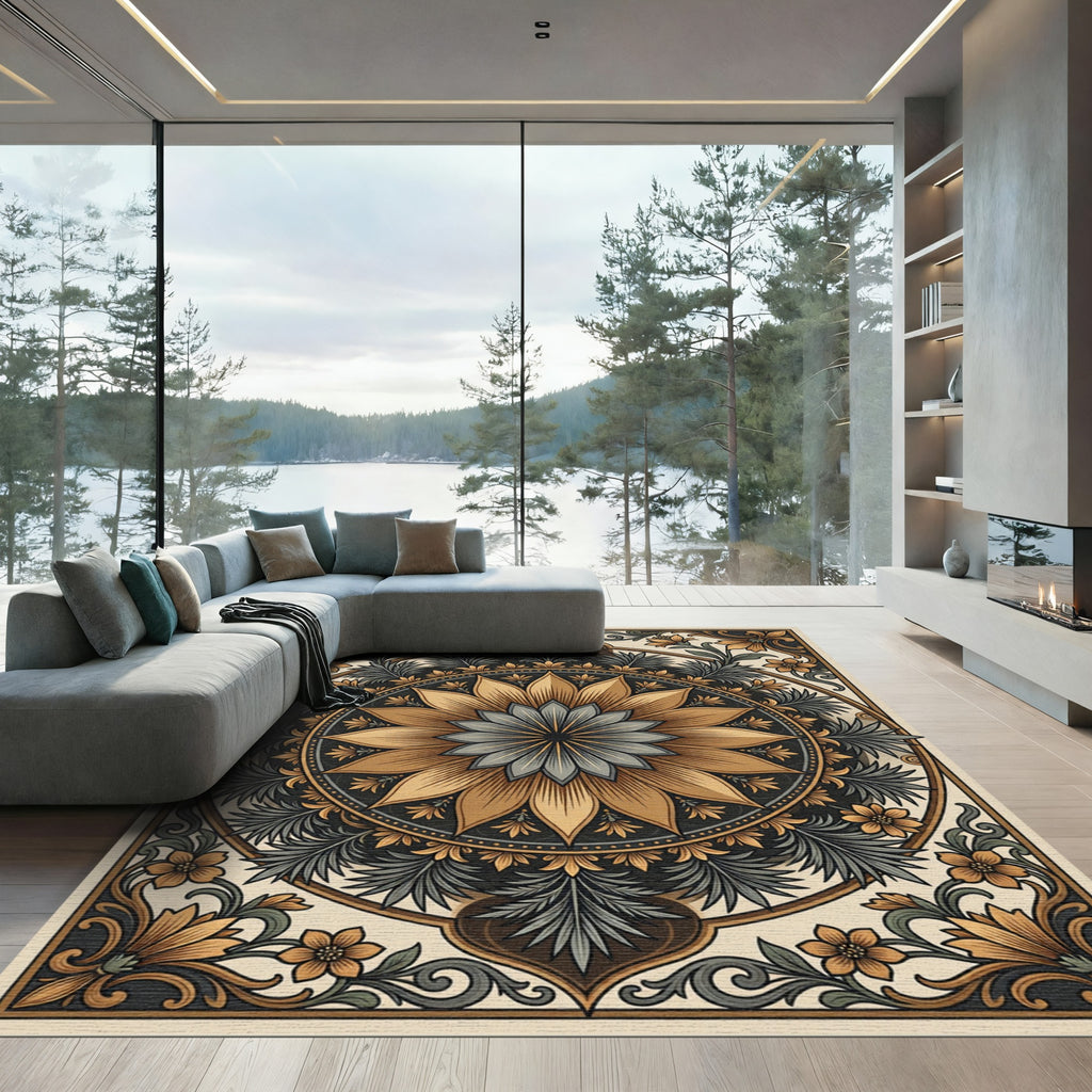Golden Floral Medallion Art Nouveau Rug