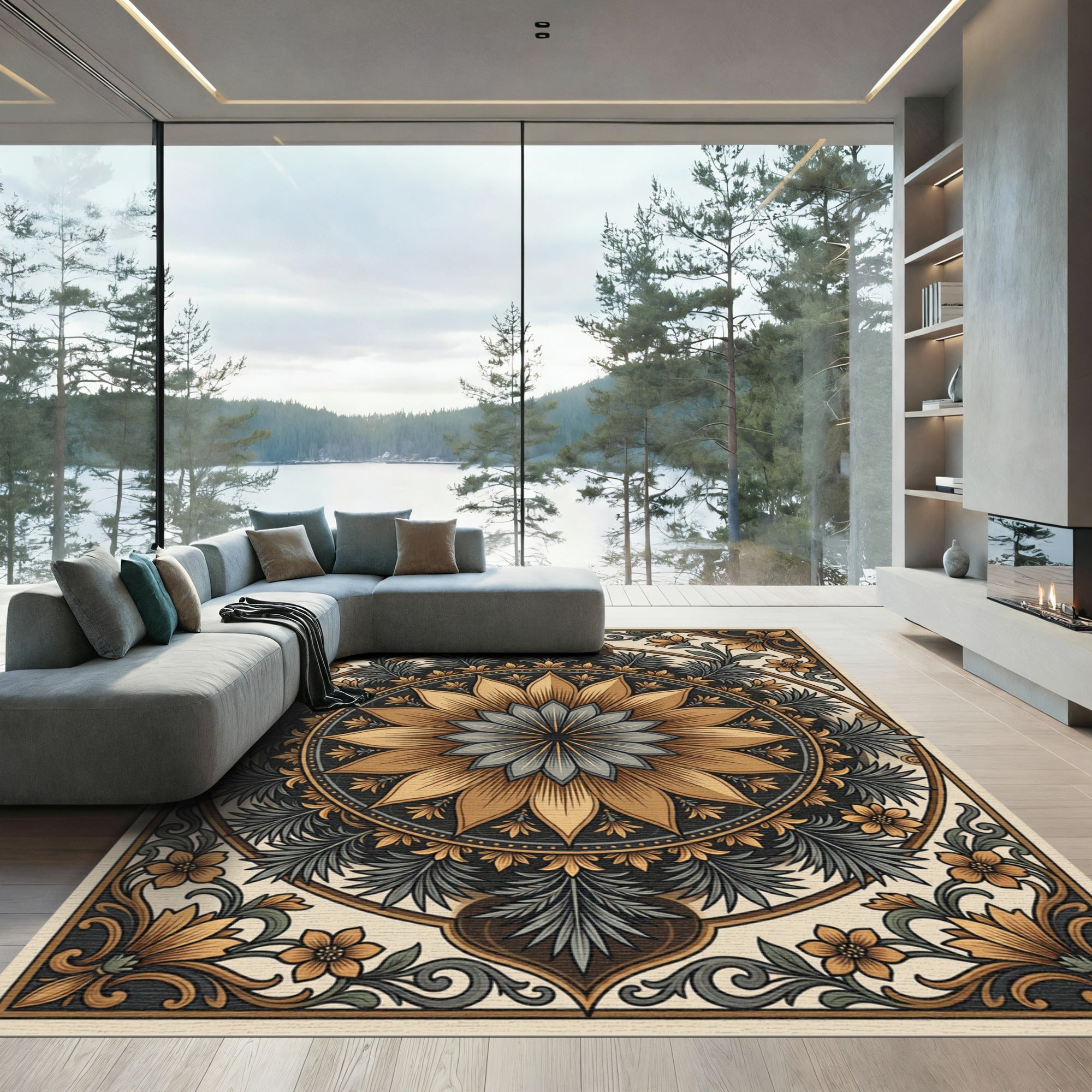 Golden Floral Medallion Art Nouveau Rug