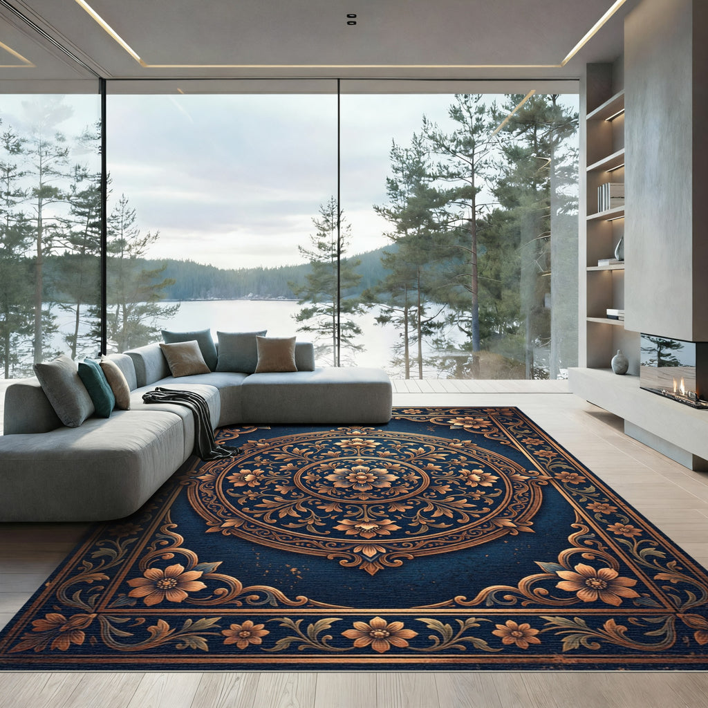 Antique Gold Floral Medallion Navy Rug