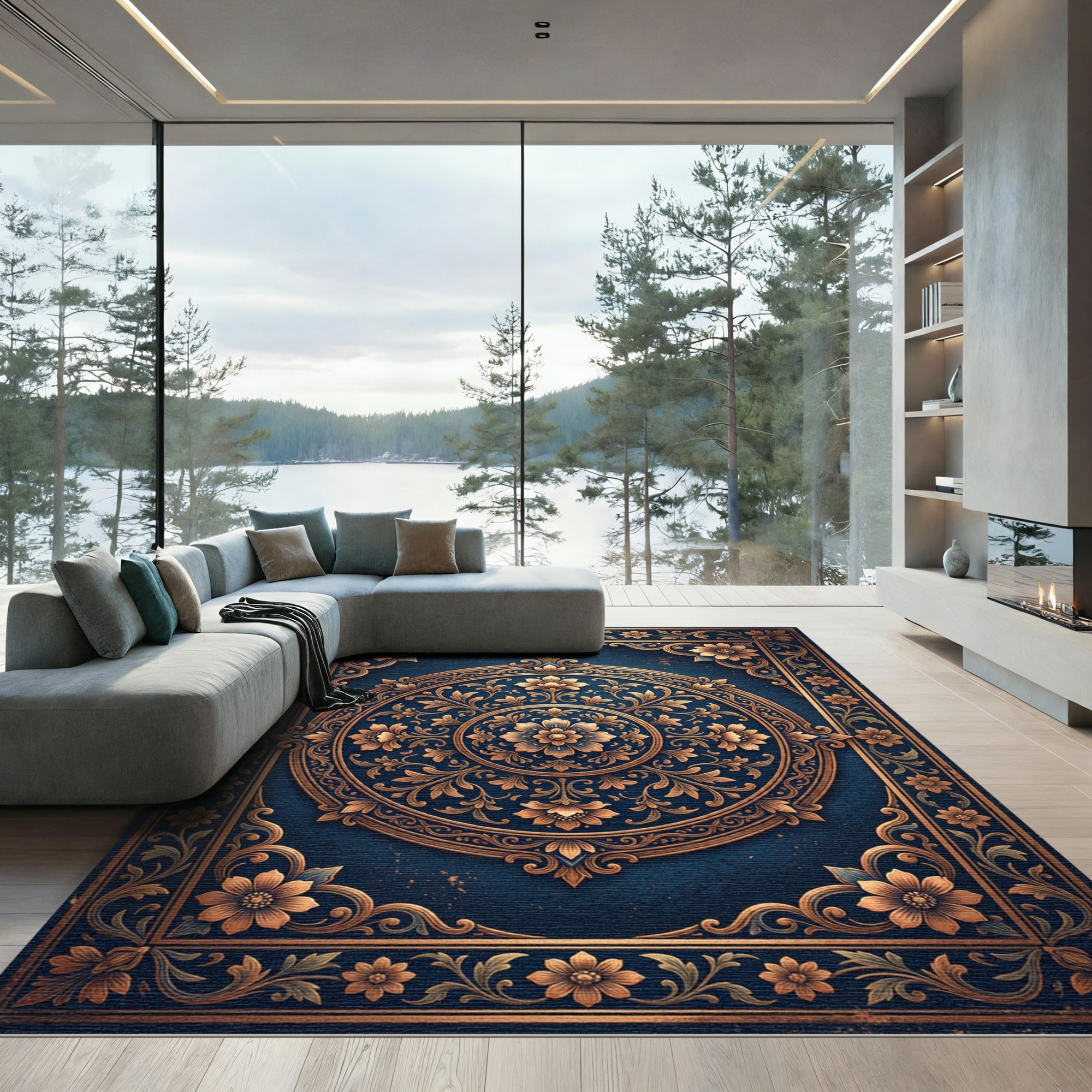 Antique Gold Floral Medallion Navy Rug