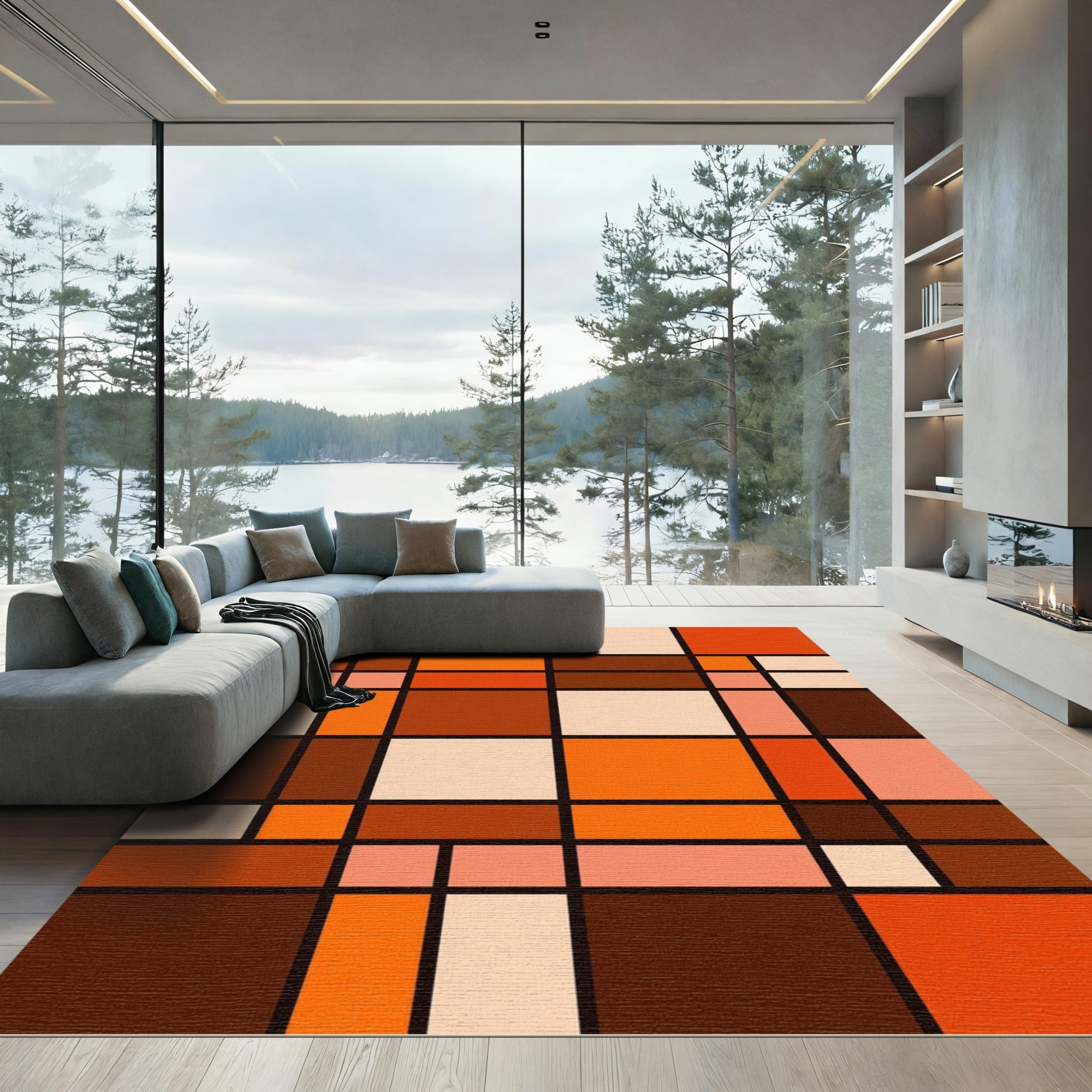 Modern Geometric Abstract Terracotta Grid Rug