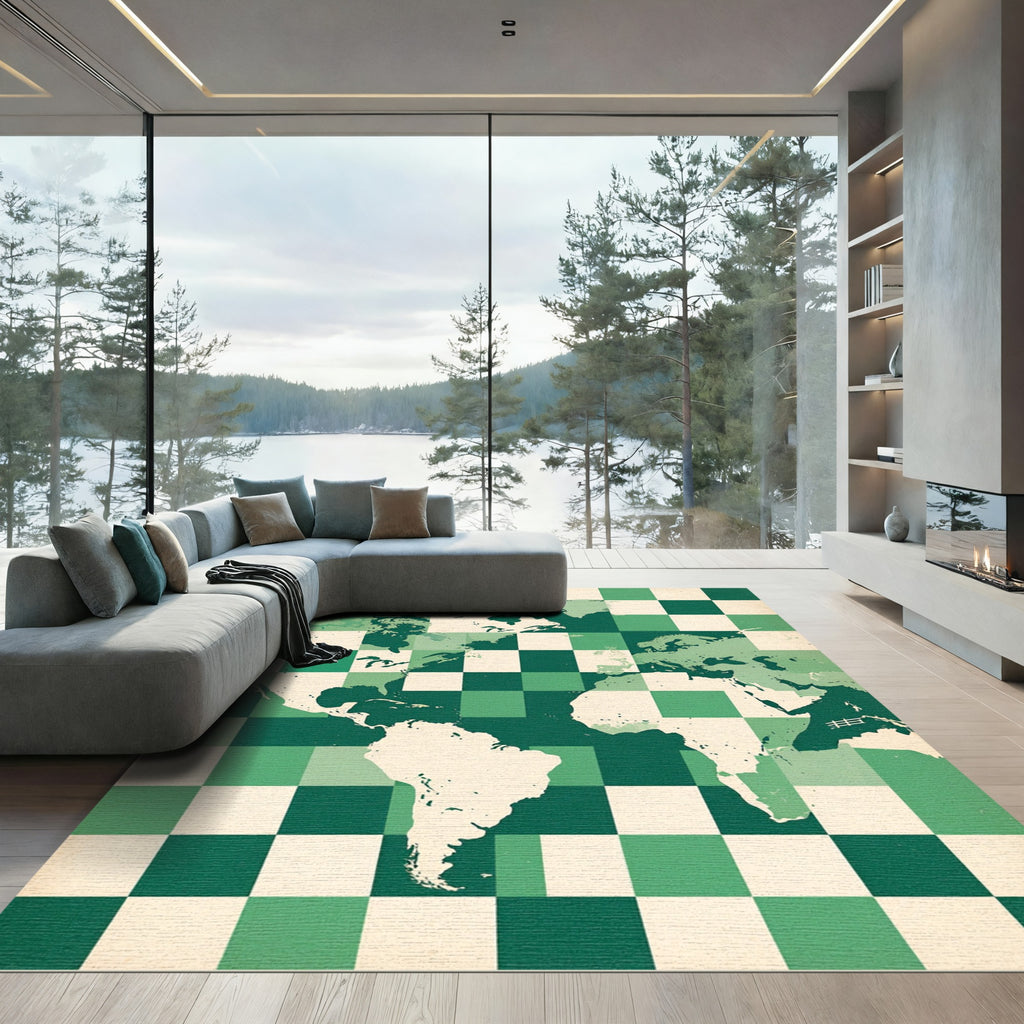Green Checkered Global Map Illustration Rug