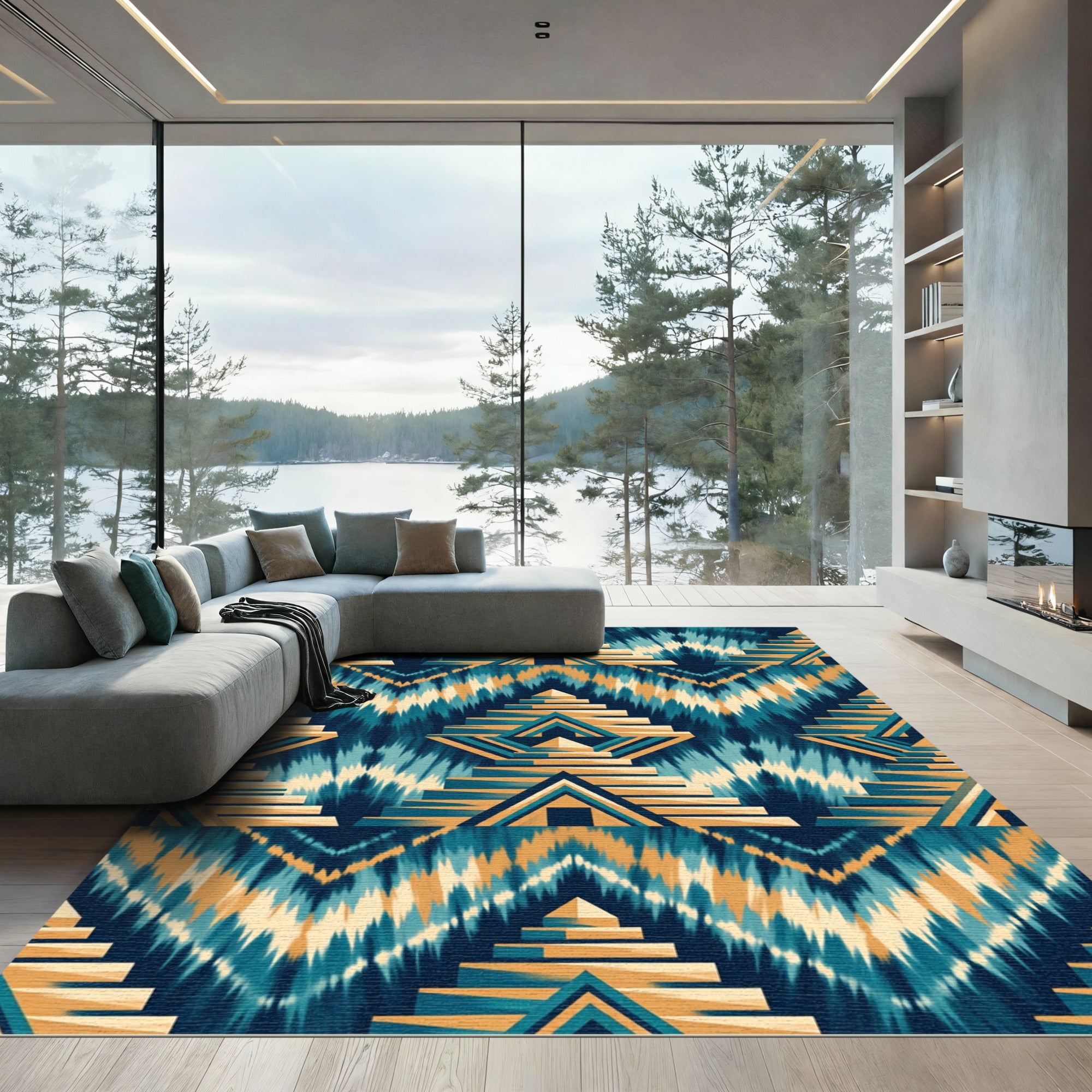 Teal and Ochre Aztec Step Pyramid Rug