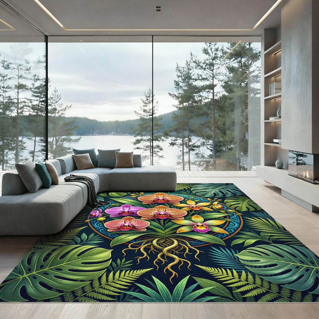 Vibrant Tropical Orchid Botanical Medallion Rug