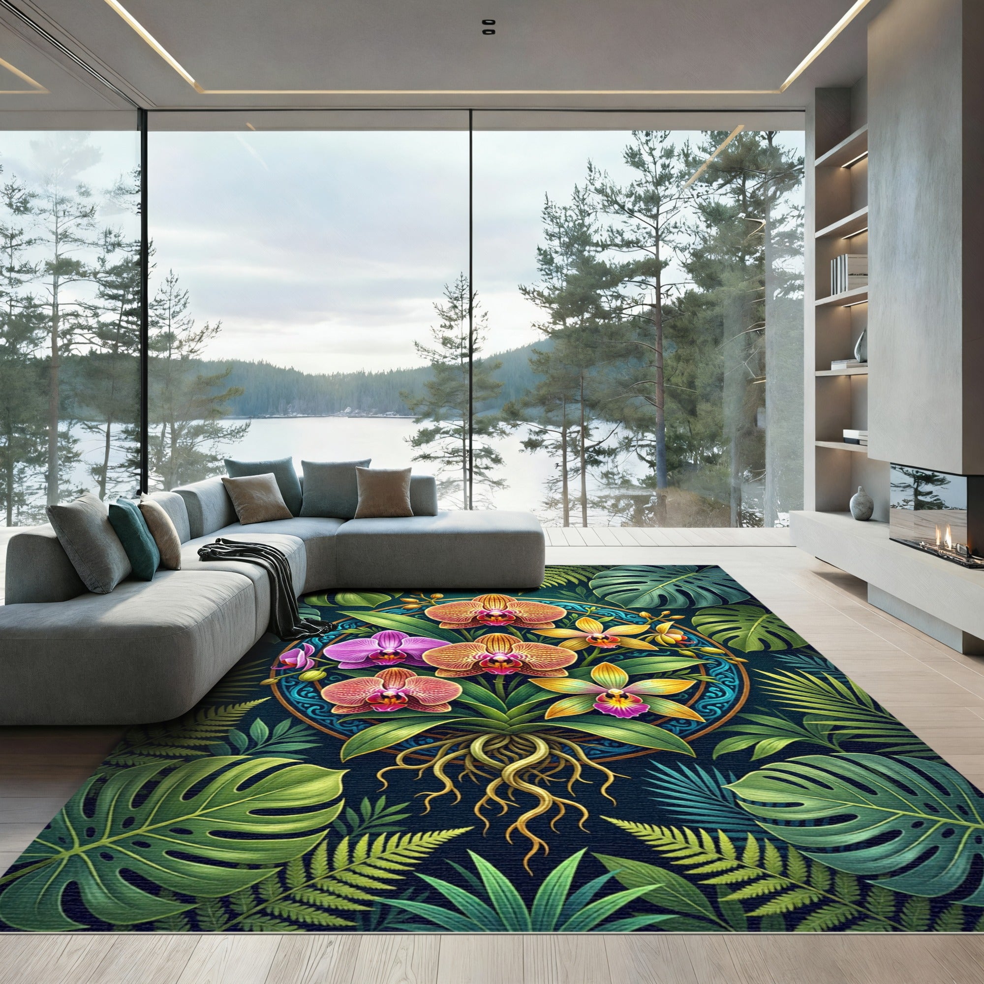 Vibrant Tropical Orchid Botanical Medallion Rug