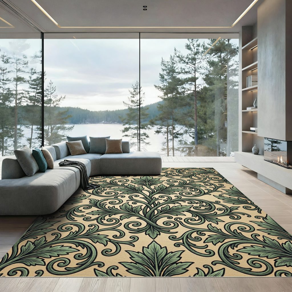 Sage Green Ornate Acanthus Scrollwork Rug