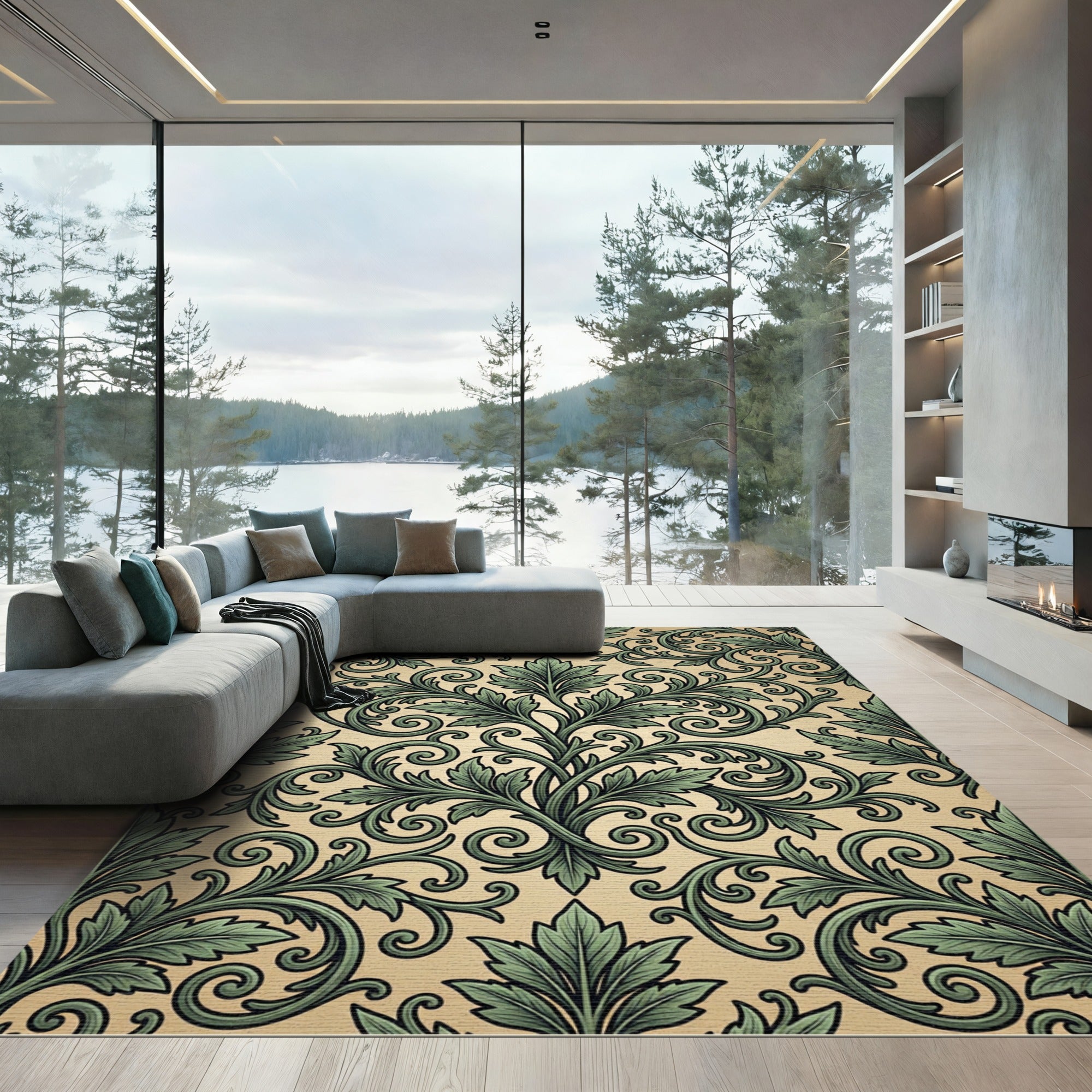 Sage Green Ornate Acanthus Scrollwork Rug