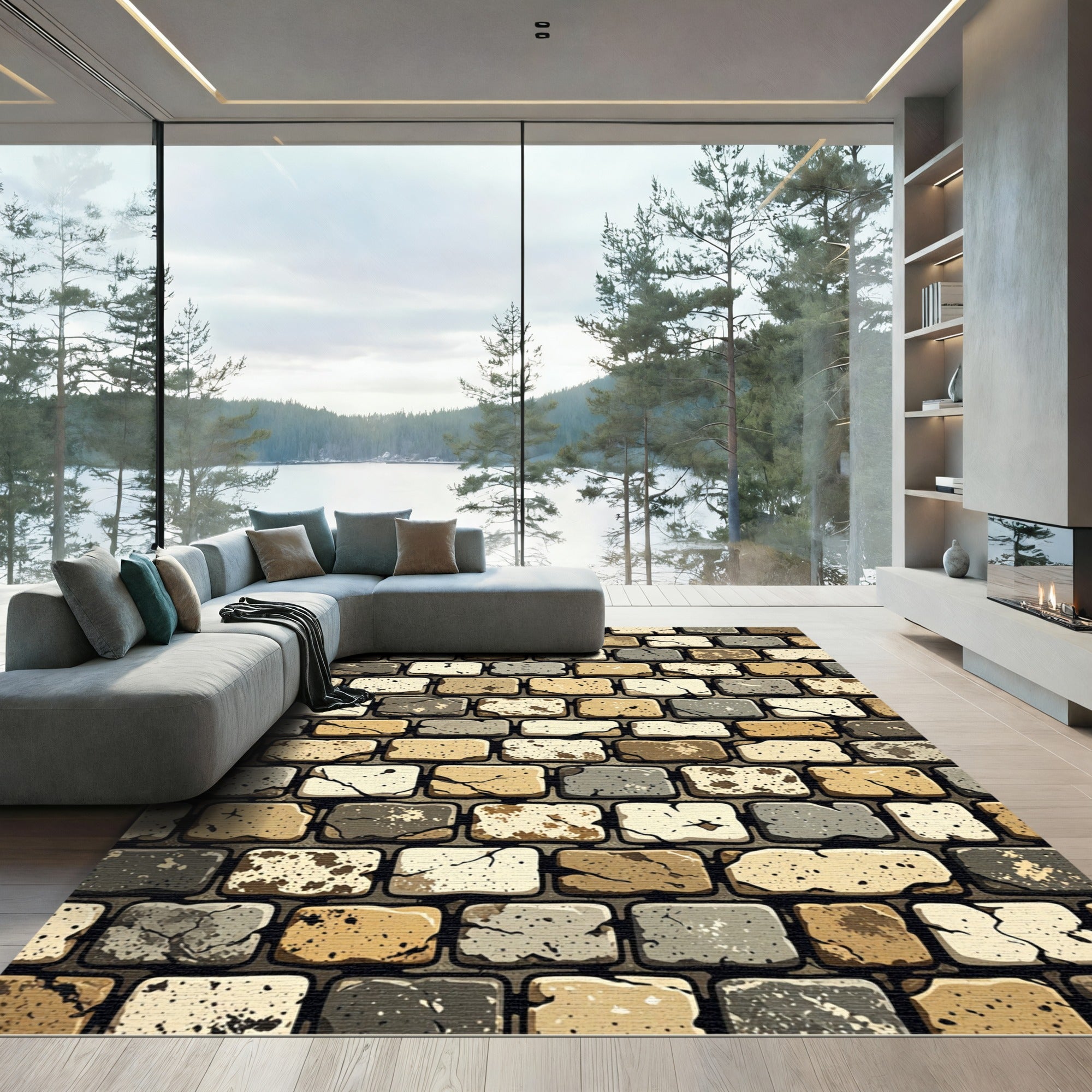 Rustic Stone Masonry Earth Tone Mosaic Rug