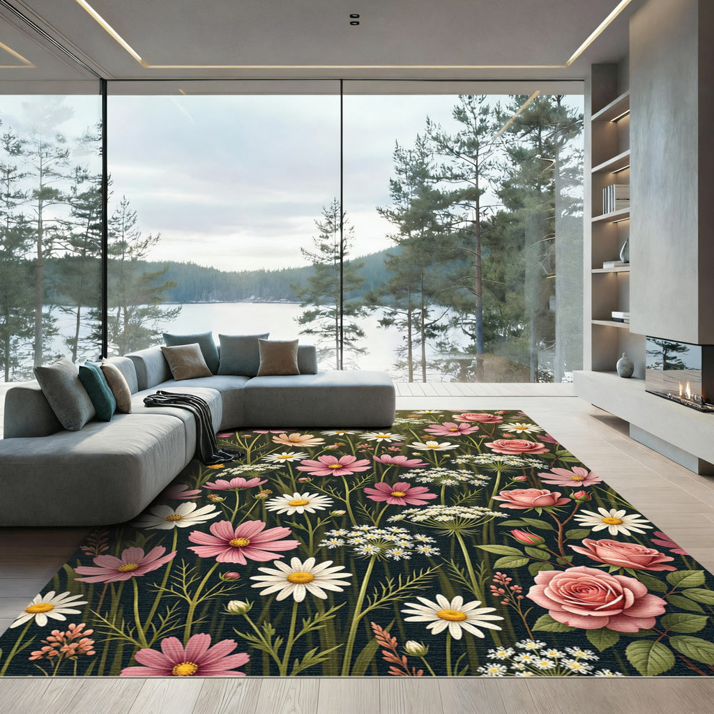 Pink Rose and Cosmos Meadow Blossom Rug