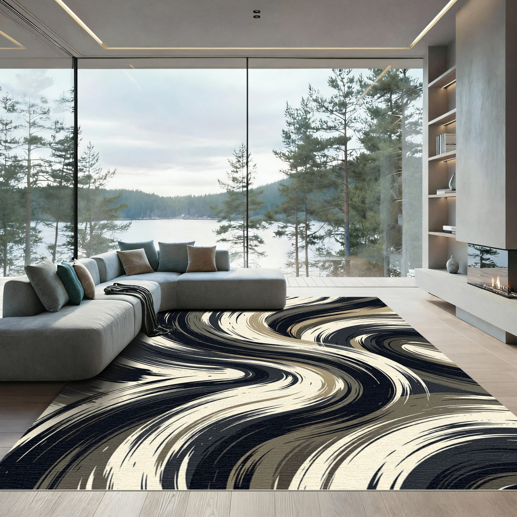 Abstract Swirl Black Beige Brushstrokes Rug