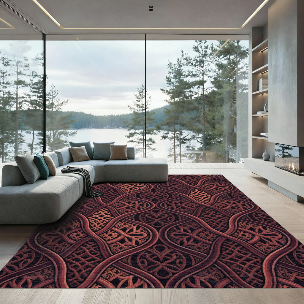 Intricate Copper Interlocking Woven Scroll Rug