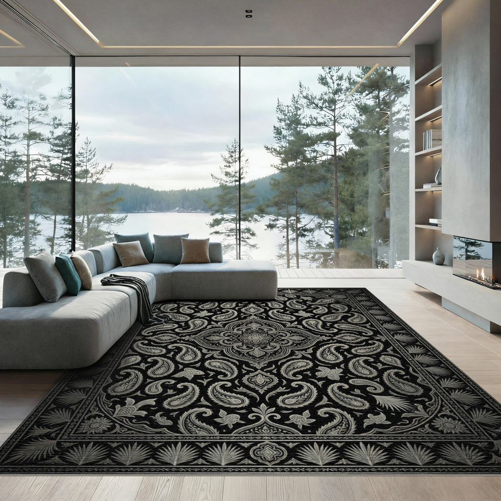 Sophisticated Black and Silver Paisley Medallion Rug