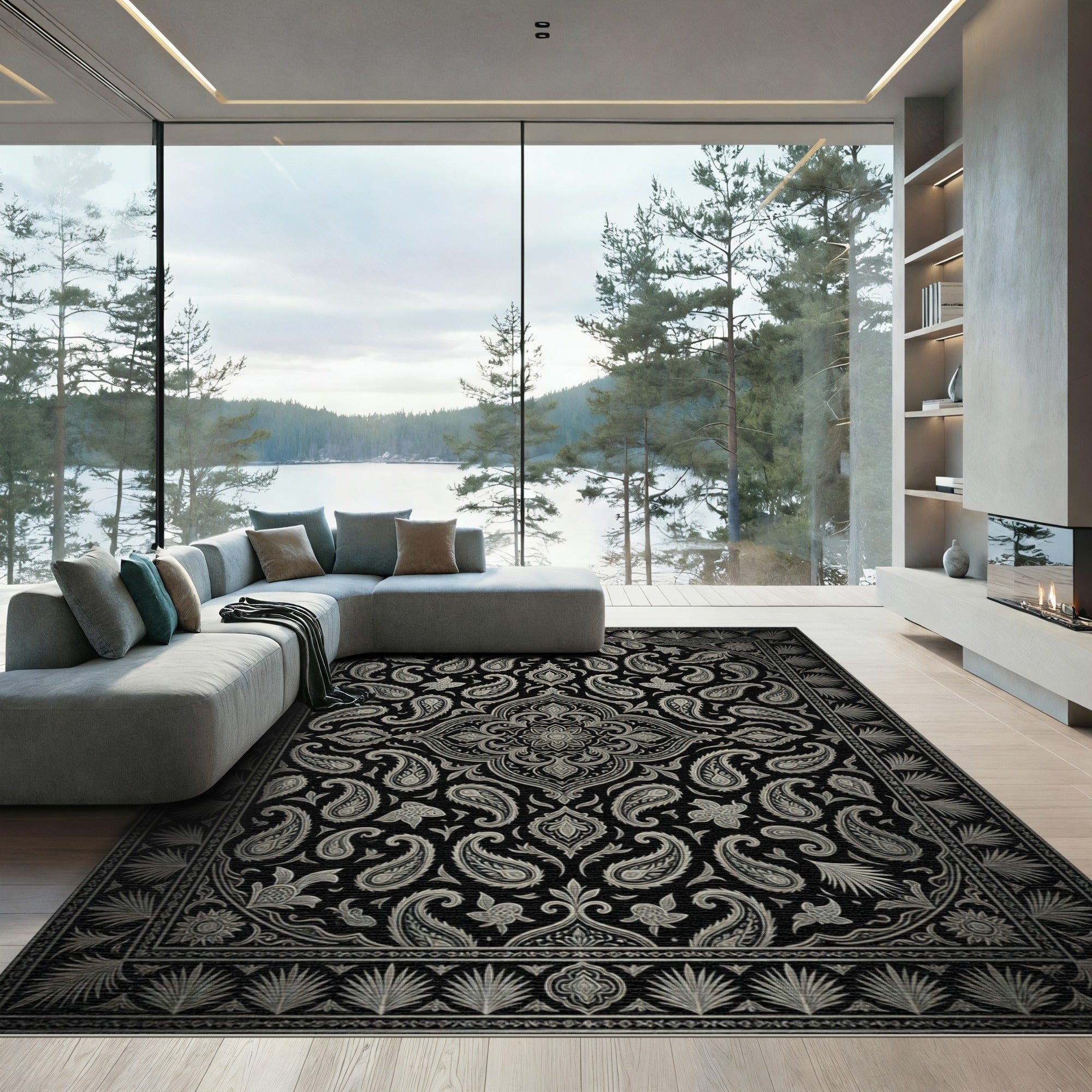Sophisticated Black and Silver Paisley Medallion Rug