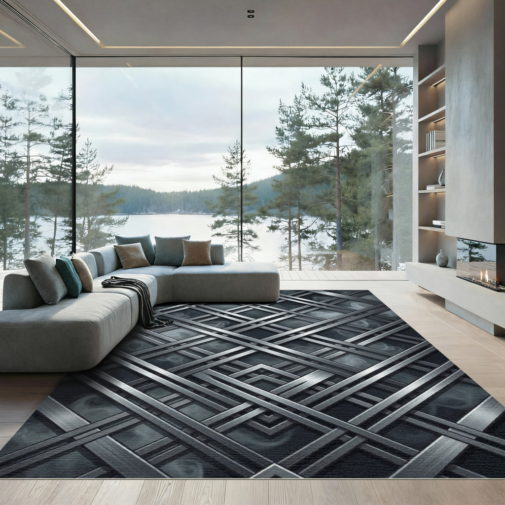 Metallic Silver Intersecting Linear Grid Rug
