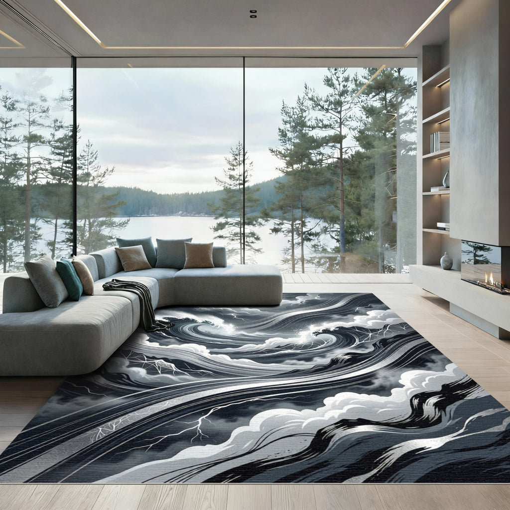Monochrome Stormy Wave Abstract Art Rug