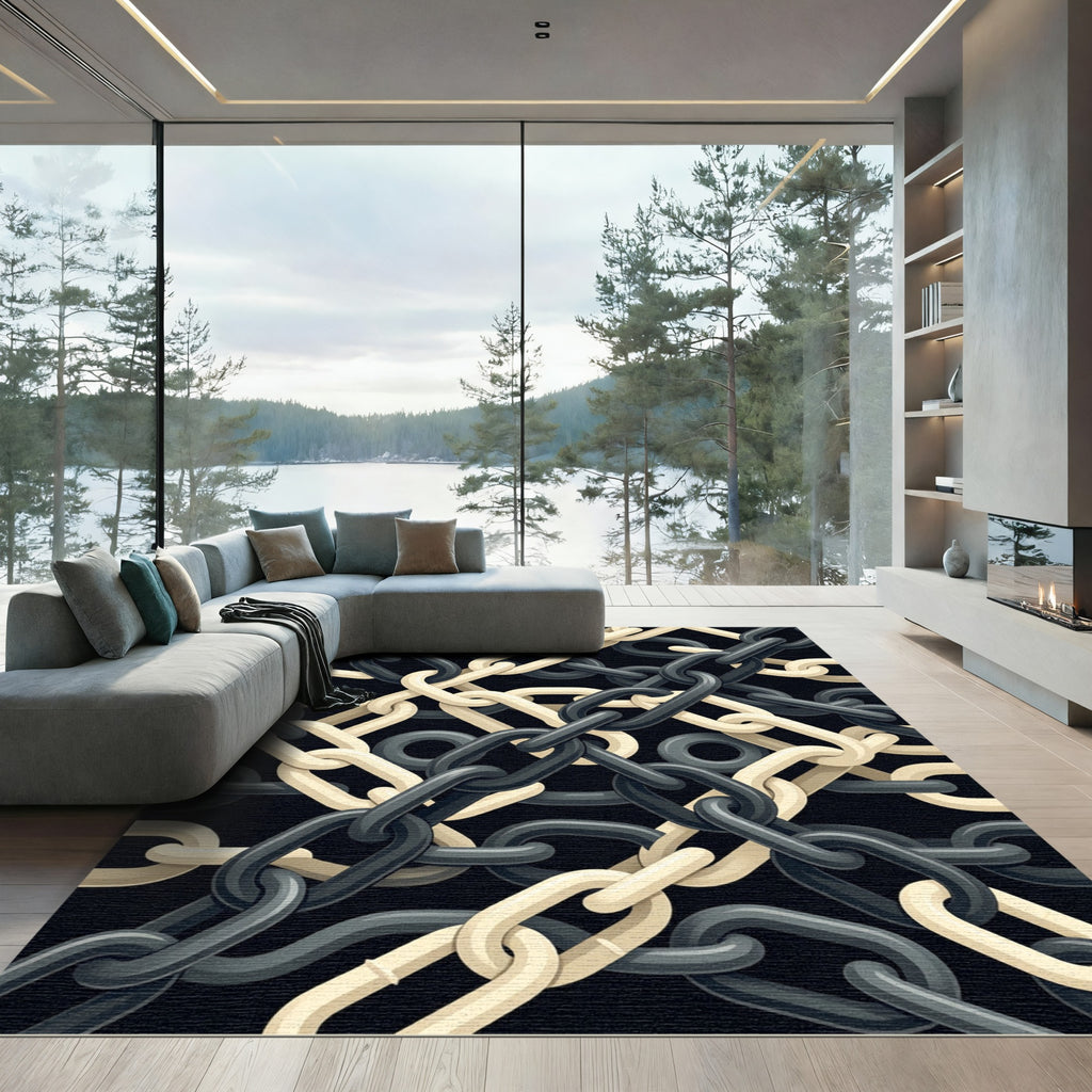 Interlocking Black and Cream Chain Link Rug