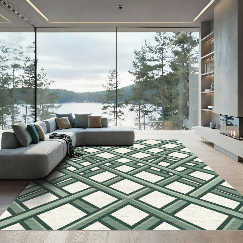 Sage Green Layered Lattice Grid Rug