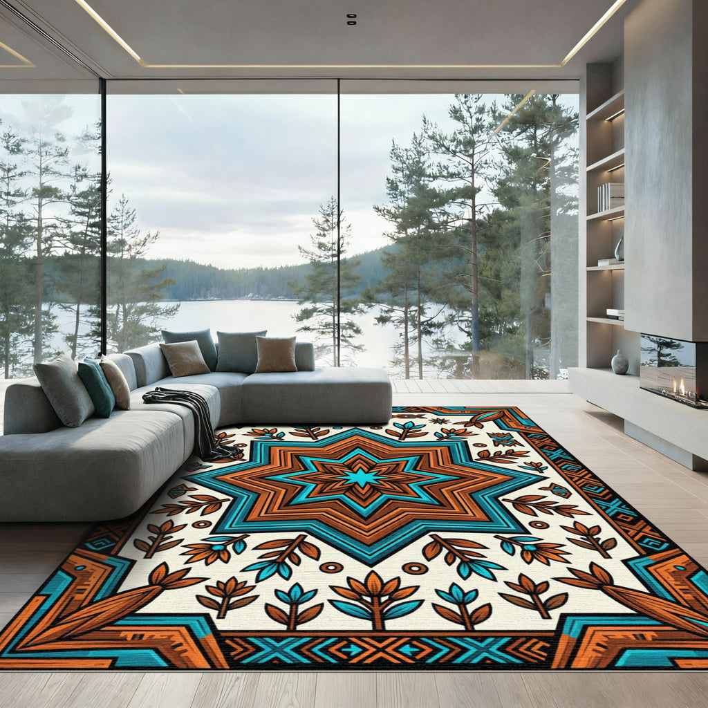 Geometric Star Turquoise and Terracotta Rug