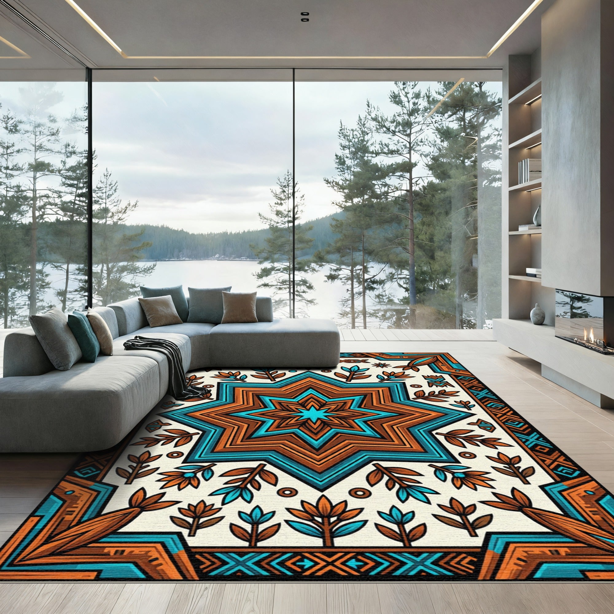 Geometric Star Turquoise and Terracotta Rug
