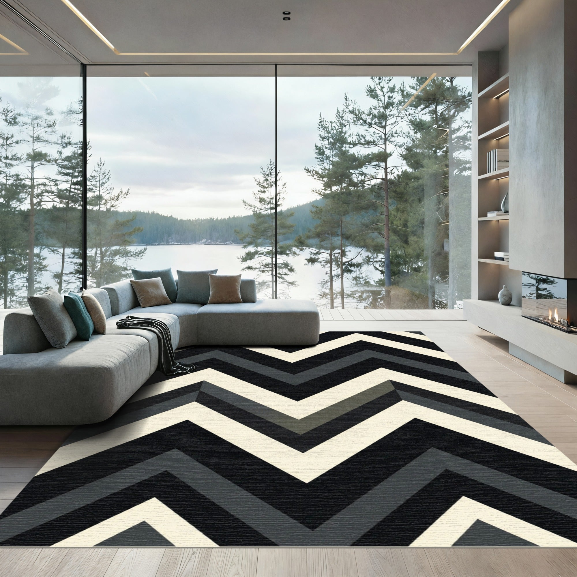 Bold Black Gray Chevron Zigzag Rug