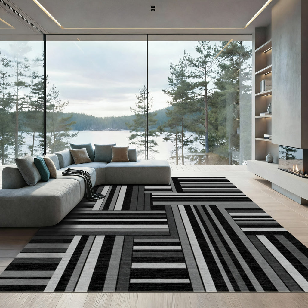 Modern Monochromatic Linear Geometric Grid Rug