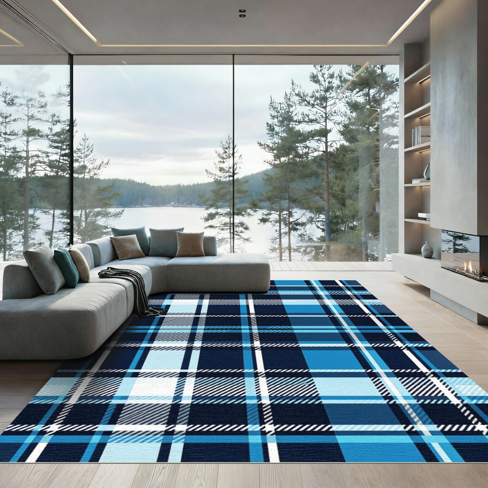 Classic Navy and Azure Plaid Grid Rug