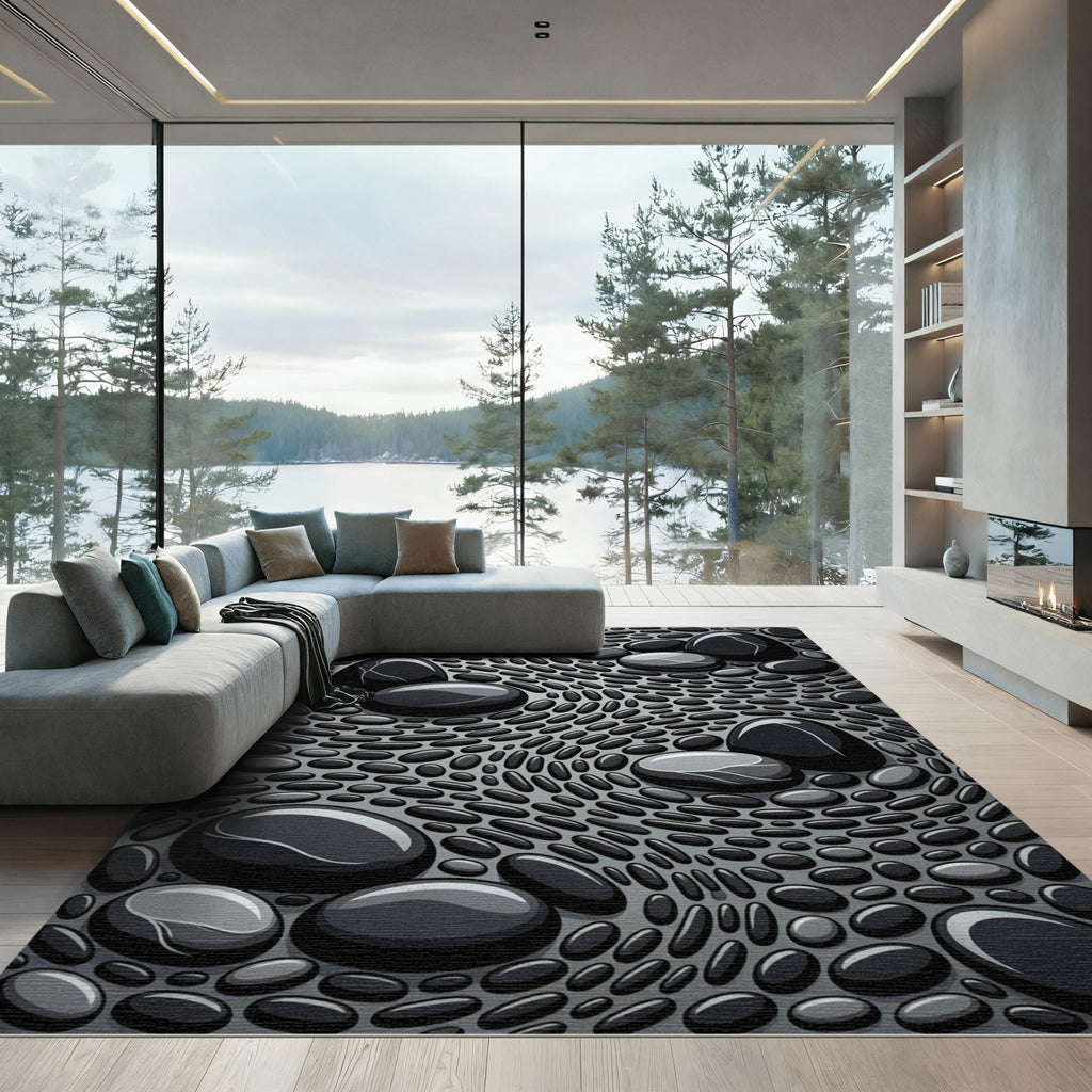 Glossy Black Stone Mosaic Composition Rug