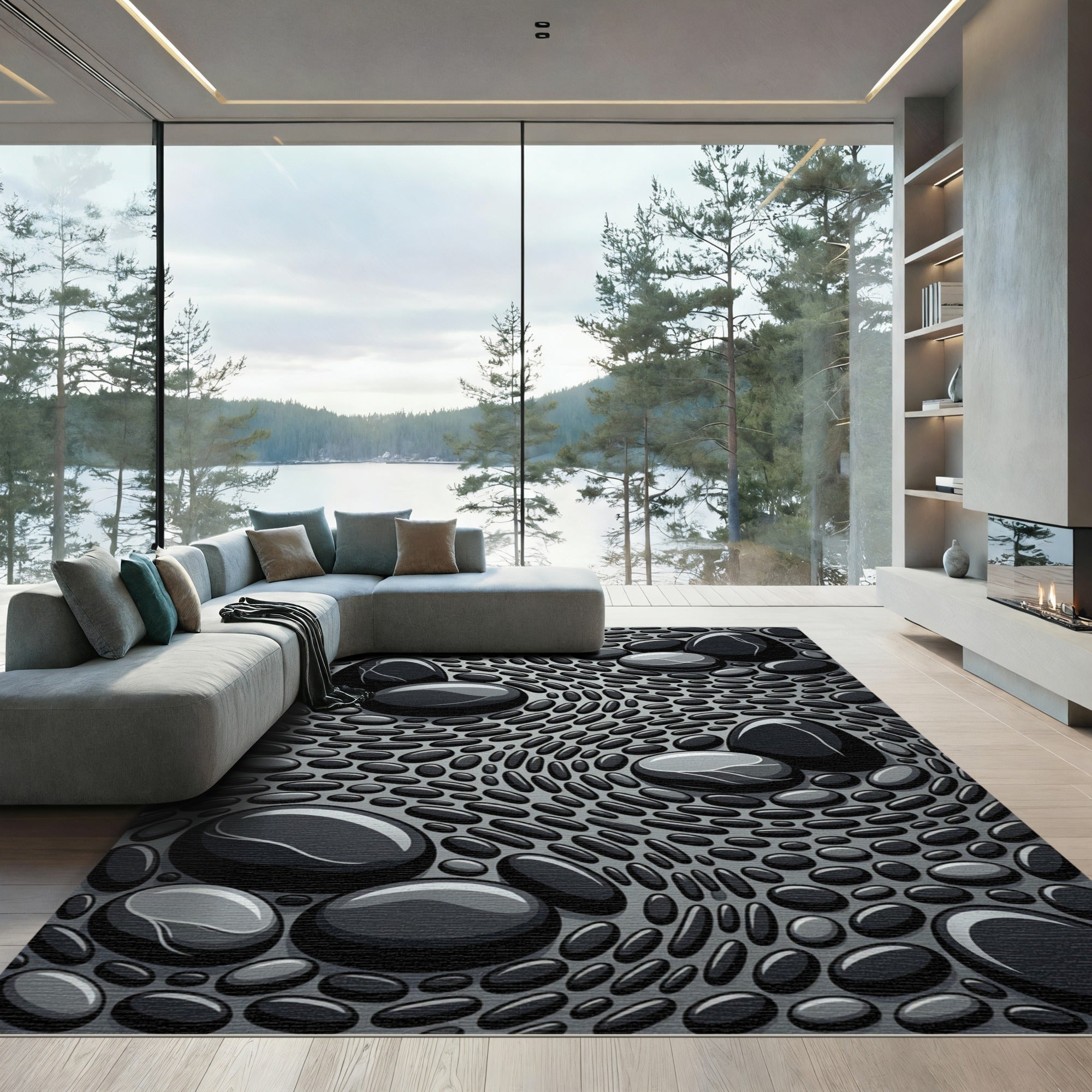 Glossy Black Stone Mosaic Composition Rug