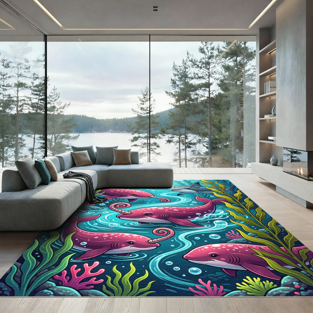 Vibrant Pink Narwhal Ocean Scene Rug