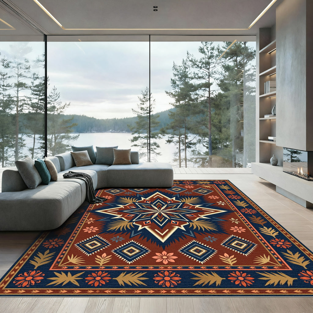 Earthy Geometric Star Floral Area Rug