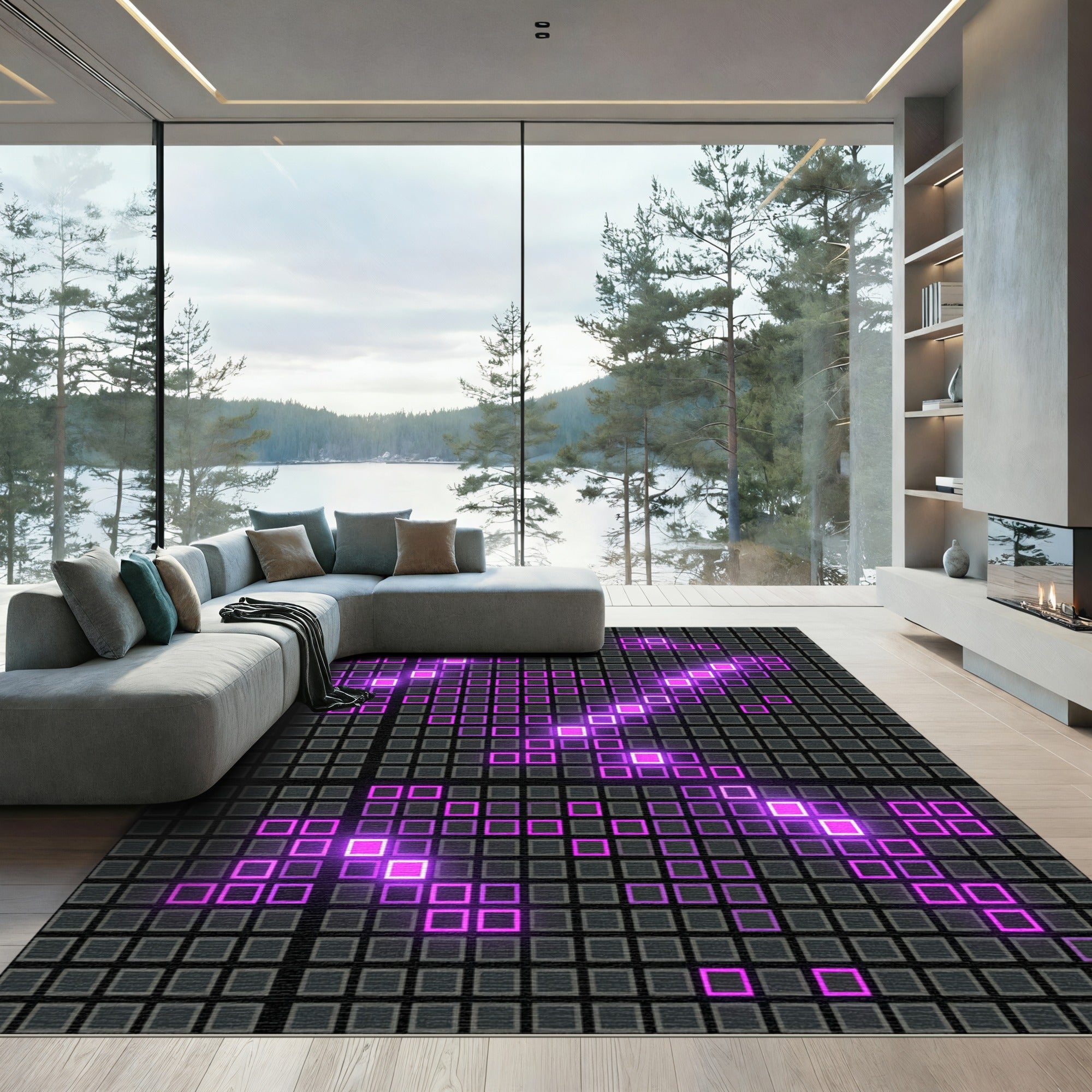 Neon Pink Grid Abstract Digital Art Rug